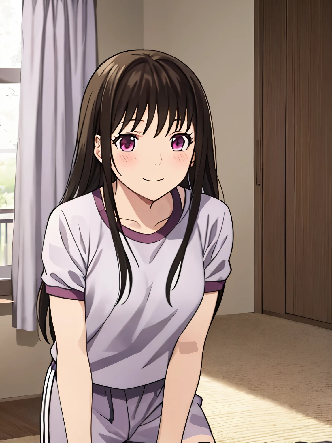 1girl, bangs, black hair, blush, breasts, medium breast, smile, : ), solo, short sleeves, gym uniform, white shirt, shorts, collarbone, gym shorts, gym shirt, indoors, sexy pose, upper body, cowboy shot, indoors, bedroom, curtains,