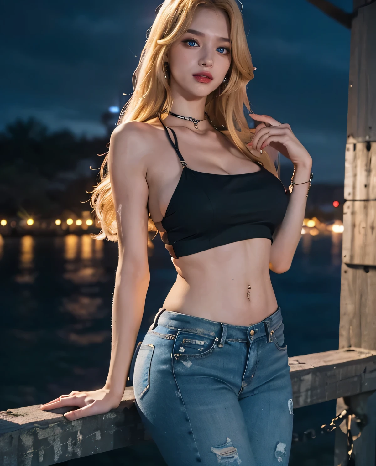 1 chica, (ojos azules), (Sonrisa :1.1), (Sana Minatozaki), Caderas anchas, tetas grandes, (gran culo), (Mejor calidad, 8k, obra maestra: 1.3), manos perfectas, Enfoque claro: 1.2, Belleza del cuerpo perfecto: 1.4, Abdominales delgados: 1.2, Textura de cara y piel muy detallada., ojos detallados, double eyelids, maquillaje negro, labios rojos, (pelo largo rubio), (jeans negros :1.1), (top de tirantes con correa de cadena :1.3), , (en un puente por la noche), (apoyado en el borde del puente), ((bridge illuminated by neon lights)), (playa al fondo :1.2)
