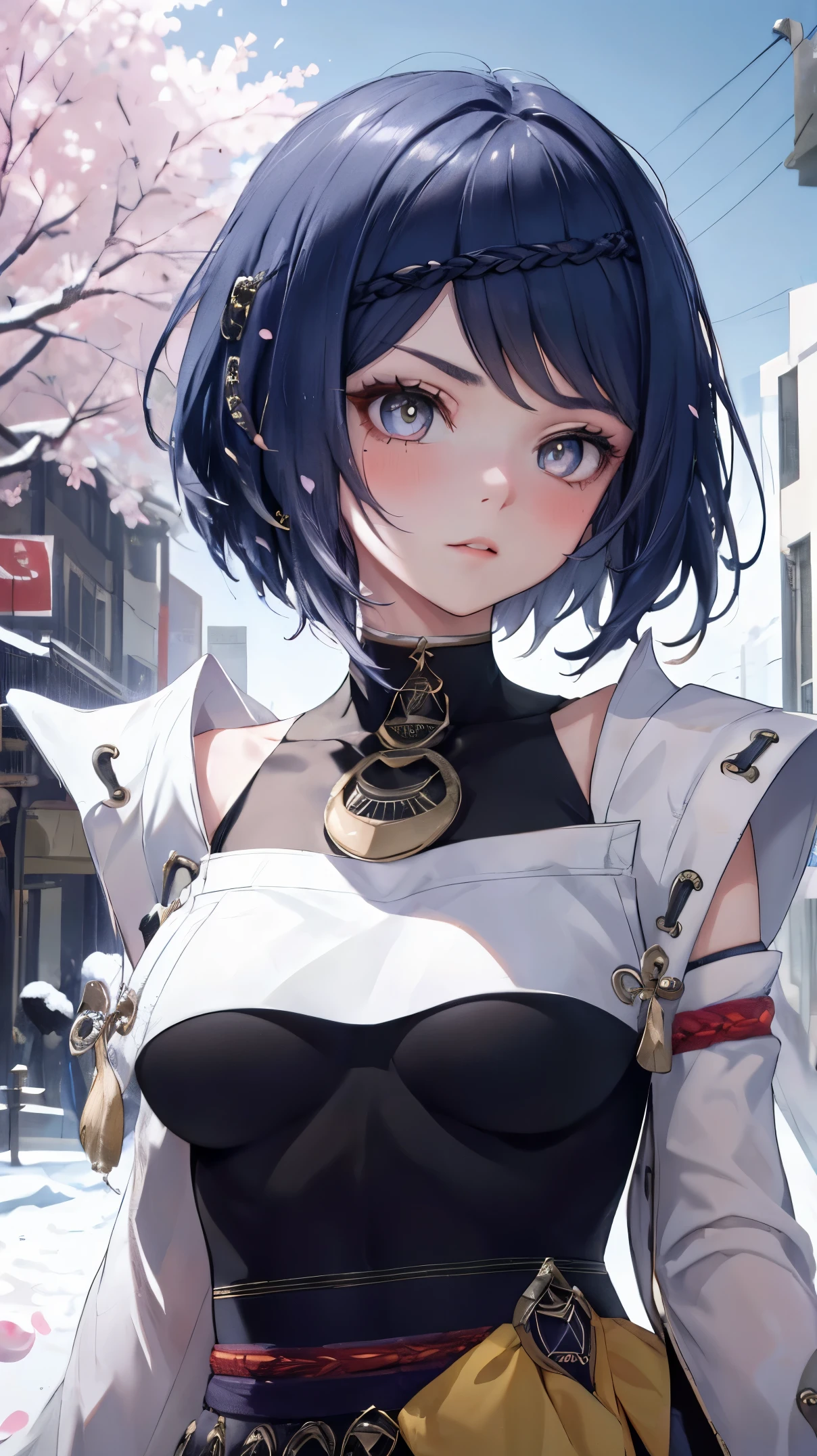 Kujou Sara|Genshin Impact, （（best quality））， （（Masterpiece））， （details：1.4）， Beautiful cyberpunk woman portrait，HDR（high dynamic range），Ray traching，NVIDIA RTX，high resolution，Illusion 5，Sub-surface scattering，PBR surface，After the process，Anisotropy filtering，Maximum depth of field and sharpness of every surface layer，Albedo and Specular Maps，Surface Color Adjustment - Accurate simulation of material interactions.，Perfectly proportioned，Display with octane number，Two-color light，large aperture，Low ISO value，white balance，The Three Rules、8K raw data、Beautiful bright blue pupils，Off-the-shoulder cloth student，Delicate face and eyes，Long eyelashes，Blush，Hair is delicate and soft.，pink lips，pure，Cute face，Sweet Girl，Artistic sense，Casual wear，Advanced，butterfly，Cherry blossom petals，Beautiful hair accessories，long hair and waist，Hair blowing in the wind，Snow white fox ears，pinch，snow-white fluffy tail,