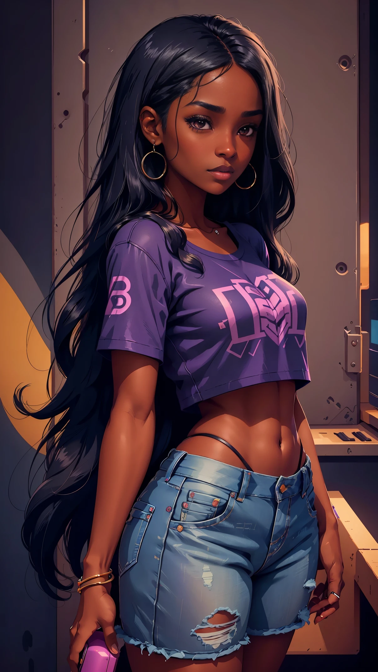 One Dark skin young woman with long jet black hair and clearly detailed big brown eyes, ebony nose, wearing a purple top and denim shorts, high quality, 2D, UHD,