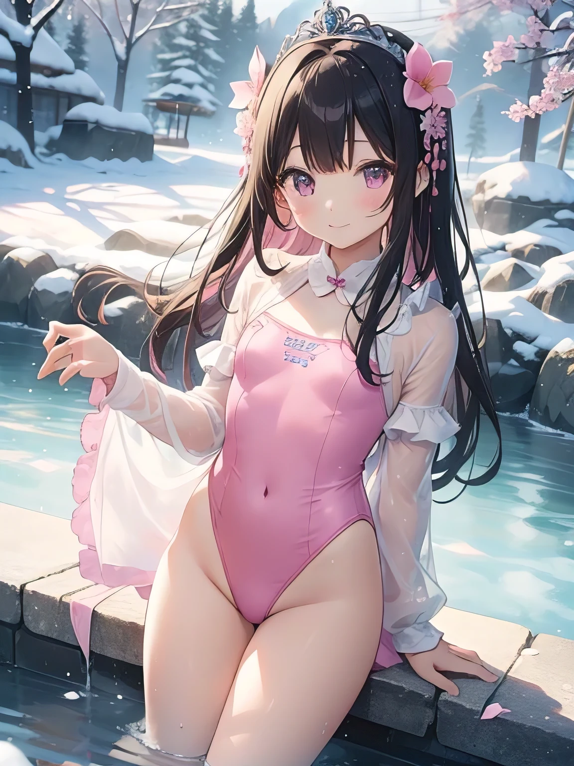 highest quality、very delicate and beautiful、I、I、8--old l、Japanese、upon、Chiquita、Noble、primary schoolPink leotard))、（High leg）、Tiara on the head、lazy smile、Are standing、facing forward、hot spring with snow background、bathing