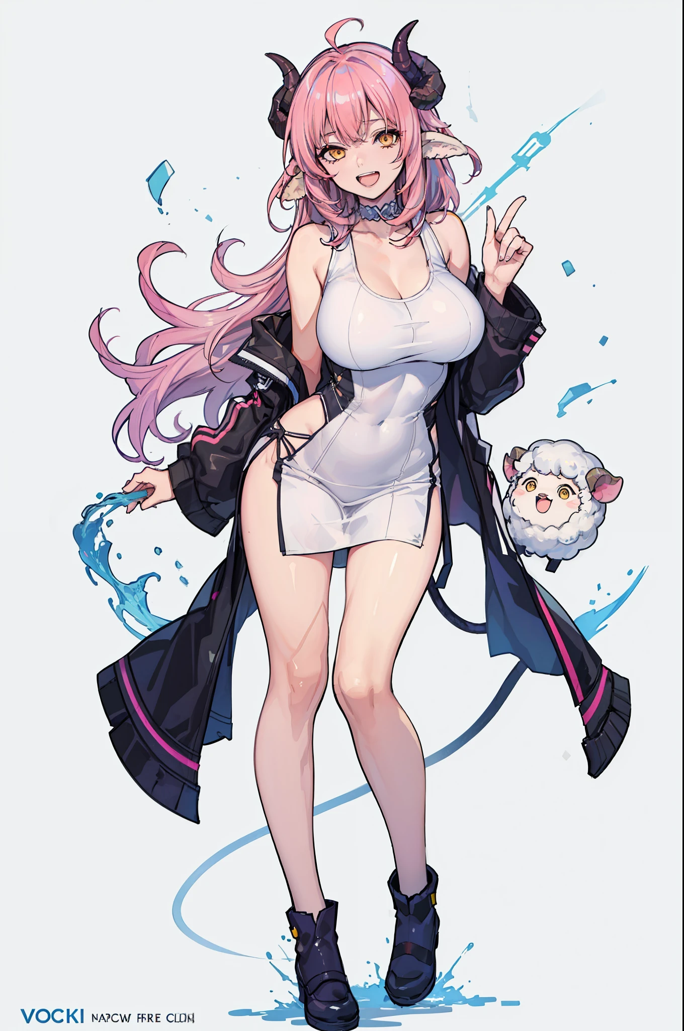 sheep woman, two side horns next to the head, laughing pink hair, yellow eyes, shapely legs, fit body, big breasts, tail with wool at the end, fitted two-piece short dress, tank top shift white, 8k, hd, masterpiece, white background, full body