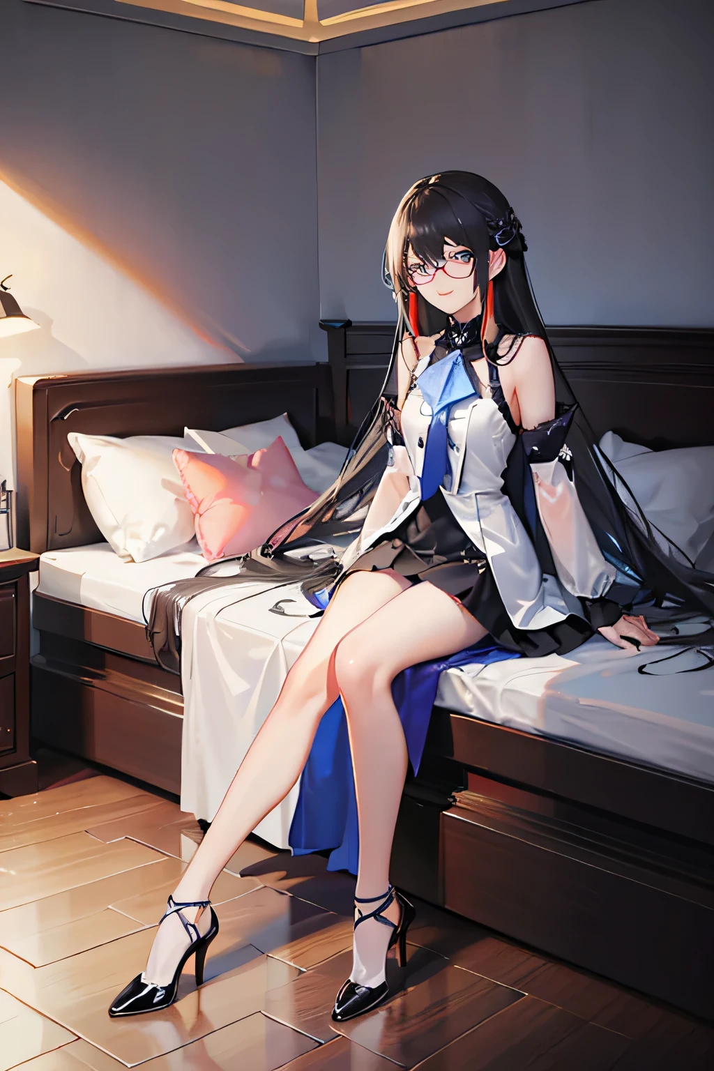 blue eyes, whole body, sitting on bed, slim girl, wear glasses, High heel, flat chest, black hair, White clothes, bedroom, black stockings, silver hair, long hair, hair behind ears, colorful eyes, faint smile, Grinning, anime style, cubismo, high detail, Surrealism, Ray tracing, Stereo view, high resolution, 1080P, 4K, Award-winning, high details, high quality, best quality