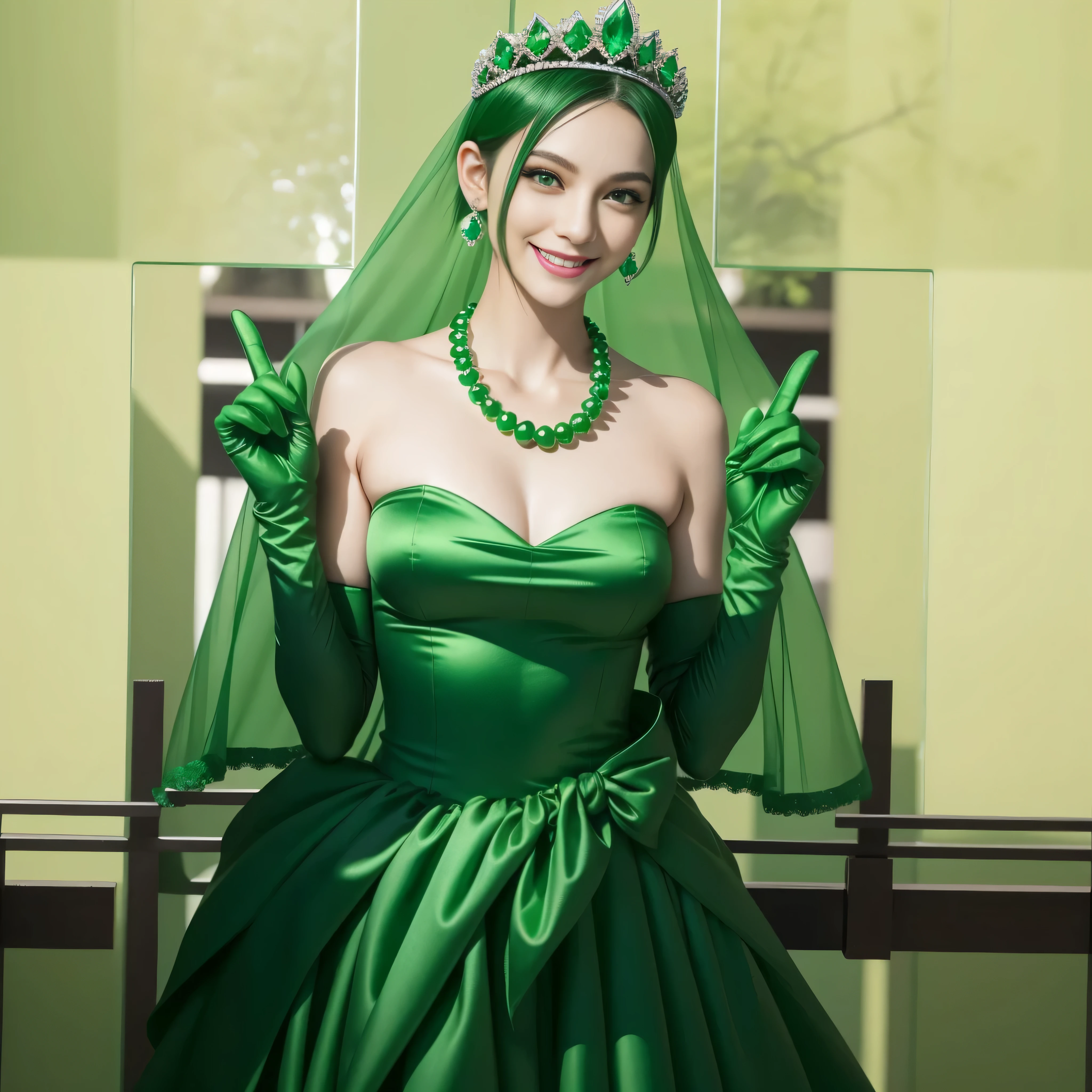 emerald tiara, green pearl necklace, boyish very short green hair, lipstick, smiling Japanese woman, very short hair, big breasts beautiful, green eyes, Long green satin gloves, green eyes, V sign, emerald earrings, green veil