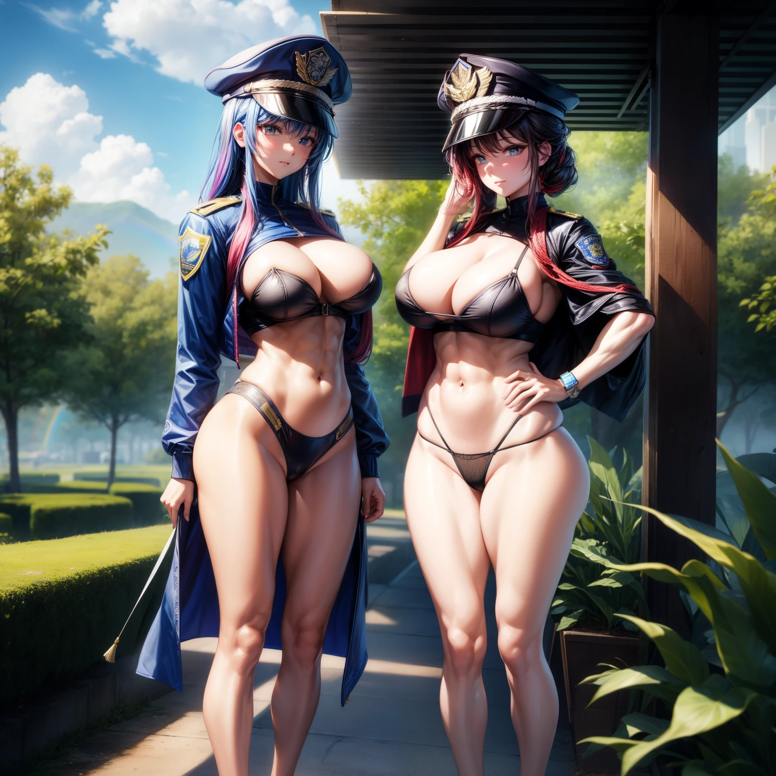 （8K ，Ultra-detailed，Super real photoest masterpiece，Nature，perfect work of art，perfect female body），two women，Sister and sister， sisters，rainbow hair，（huge tits），neighbor wife，woman hairstyle，elegant wife，At the police station，Exquisite and ，wearing police officer uniform，police uniform，super short thong，穿着低胸露肩police uniform，T-shaped small，huge tits big，naked leg，full body shoastic muscles，raised raised raised，Obscenity exposed ，