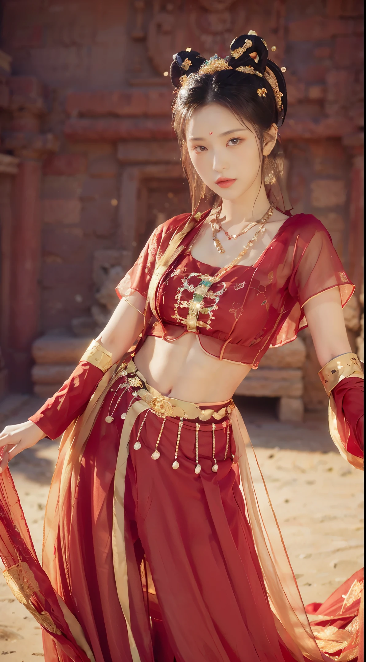 (8k, original photo, best quality, masterpiece:1.2), (actual, photo-actual:1.4), (Extremely detailed CG unified 8k wallpaper), (1 girl:1.5), western, (red clothes: 1.4), There are red spots on the forehead, pale skin, blush, big eyes, whole body, thigh, open navel, Gold-tone waist chain, gold jewelry, Fluttering ribbons, particle, Loulan ancient city background, Ancient city walls, desert, dance, Dunhuang_skirt, Dunhuang_style, , new world foundation