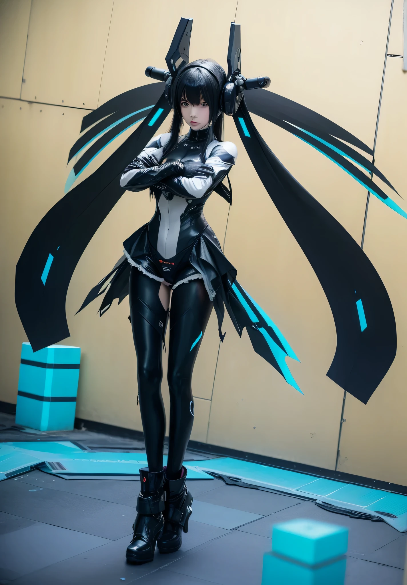 anime - style woman in black and white outfit standing in front of a wall, thick smooth warframe thighs, full body! shot, miku, this character has cryokinesis, goth cybersuit, vrchat, cyber suit, triumphant pose, lunar themed attire, 2 b, lacivious pose, 2b, sona a slender, full body shot!!, pale white skin, blue glowing eyes