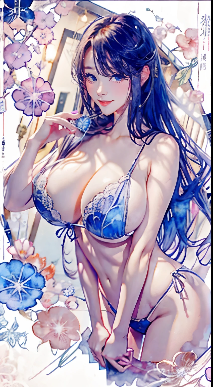 nsfw,8K,masterpiece,highest quality,dynamic pose,beautiful woman with long hair,smile:1.6, educated woman, beautiful japanese woman, Gorgeous Japan Girl,cute actress, Cute girl - well-groomed face, Female actress,slim,sexy,watercolor paitingium\)、pretty background、(huge breasts:1.1)、Completely naked:1.5