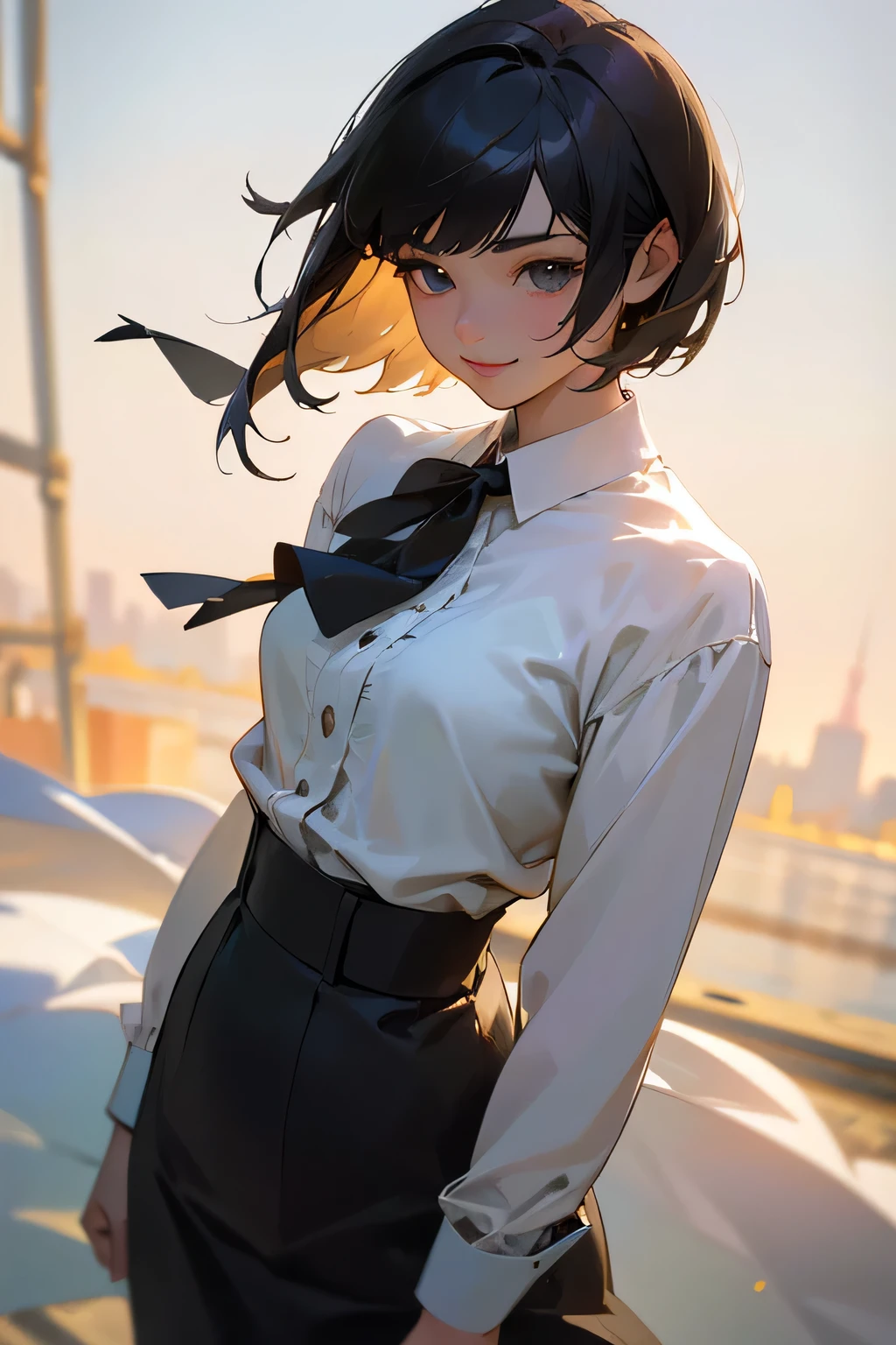 masterpiece, highest quality, Super detailed, High resolution, (realistic, photo-realistic:1.37), excellent anatomy, 1 beautiful woman, step piece, Original photo, cinematic lighting, soft light, smile, asian beauty, short hair, The ends of the hair are blown away by the wind, bangs, clean, super beautiful, little young face, beautiful skin, thin, (8K), (beautiful detailed eyes), (detailed face), small details, 愛情深いsmile, look straight ahead, neat clothes, dark colored eyes, clothing (blouse), newyork近代美術館にて, newyork, Crowd of spectators, the body is facing forward, best light, best shadow, Mysterious, perfect face, very detailed,