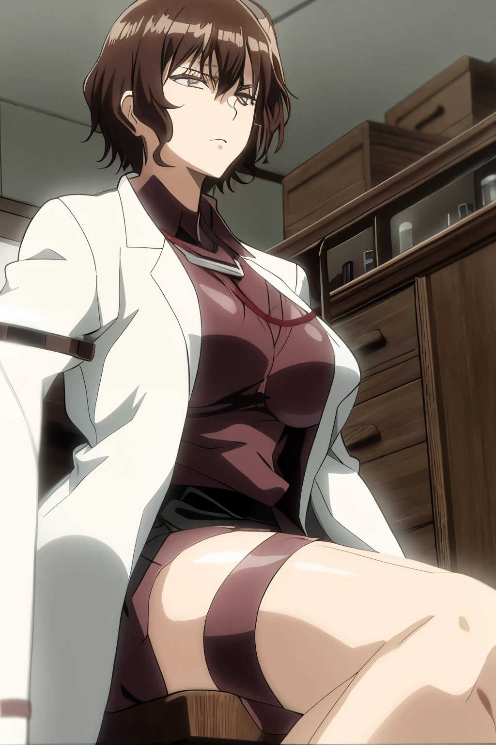 Cartoon image of a woman wearing a short skirt and a white jacket, honest, honest shinka, anime girl, Sit on the lab table, Still from TV animation, kurisu Makise Steins;Gate anime, wearing a lab coat和衬衫, bottom corner, 蹲着anime girl, wearing a lab coat, Asuka suit under clothes!