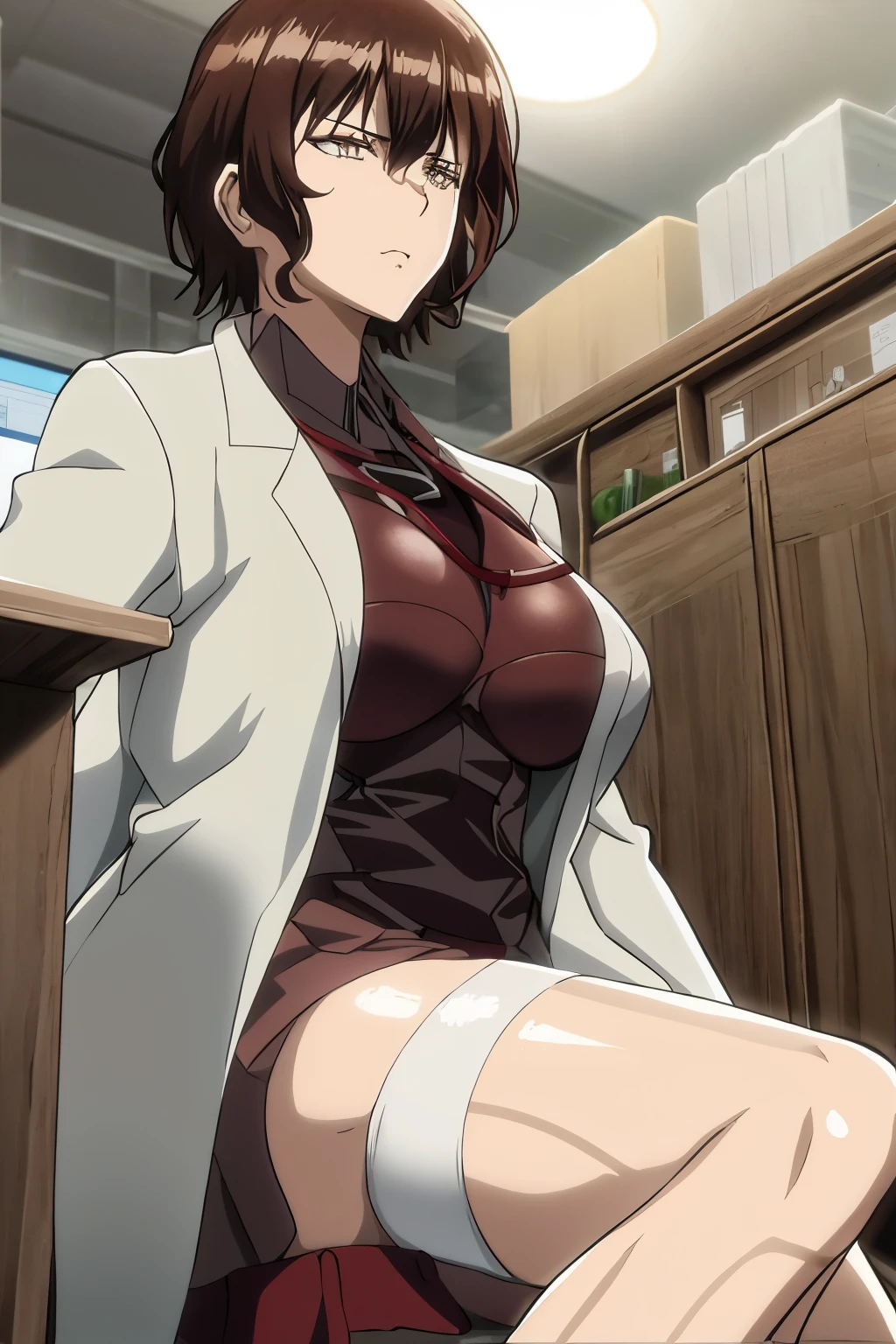 Cartoon image of a woman wearing a short skirt and a white jacket, honest, honest shinka, anime girl, Sit on the lab table, Still from TV animation, kurisu Makise Steins;Gate anime, wearing a lab coat和衬衫, bottom corner, 蹲着anime girl, wearing a lab coat, Asuka suit under clothes!