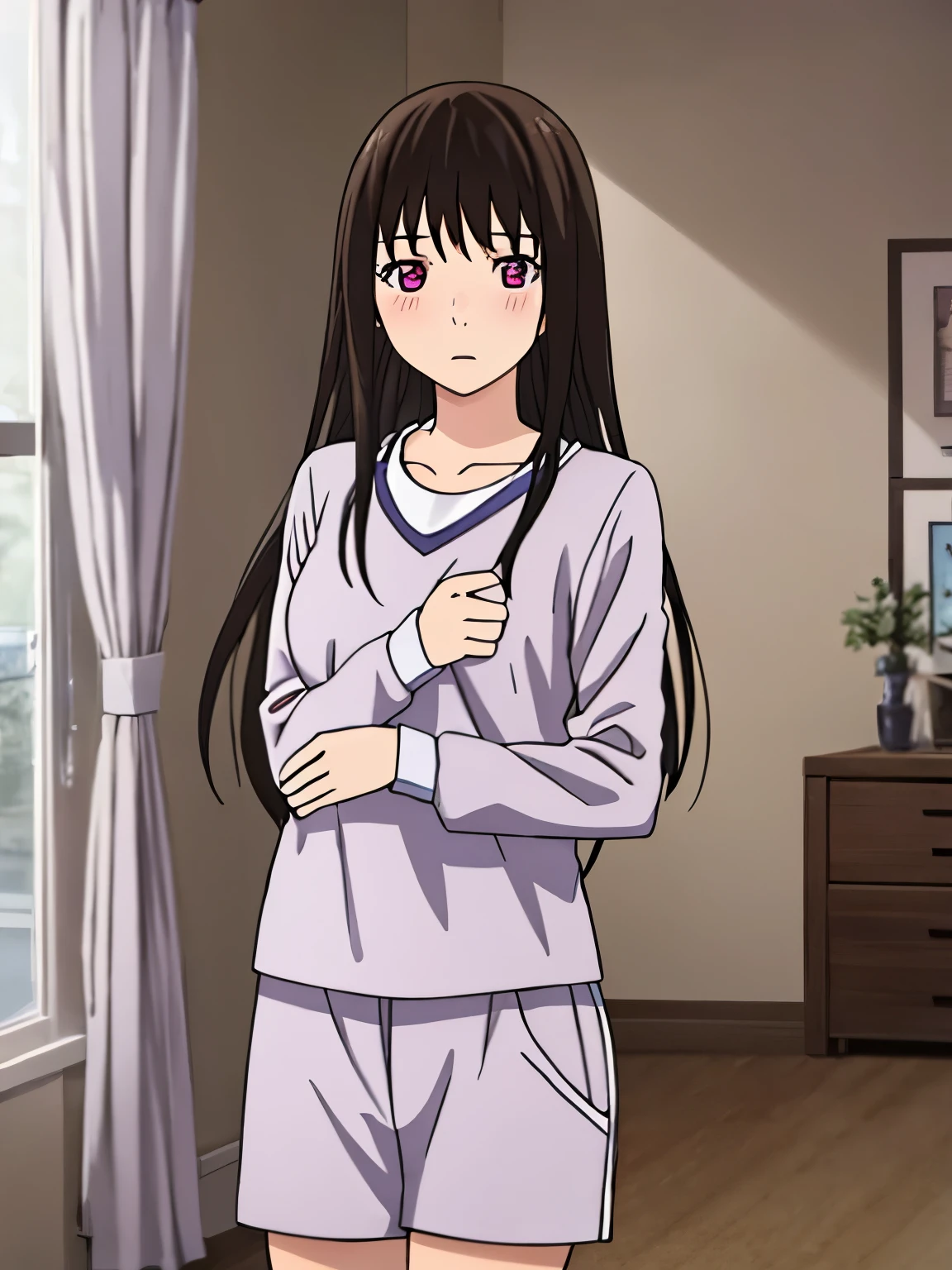 1girl, bangs, black hair, blush, breasts, medium breast, solo,  gym uniform, white shirt, blue shorts, collarbone, blue gym shorts, white gym shirt, indoors, sexy pose, cowboy shot, indoors, bedroom, curtains, detailed eyes, worried eyes, covering her chest,