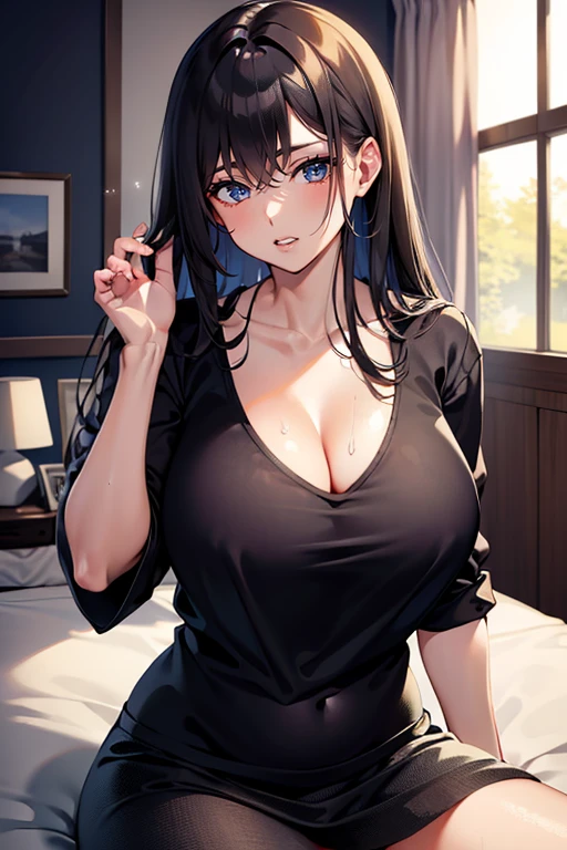 (masterpiece), best quality, Detailed, Ultra-Detailed, Digital Art, Detailed Face, HD, (Hyper-Detailed Eyes:1.2), (Absurdres:1.3), (Realism:1.25), (Realisitc:1.2), expressive eyes, /((erodere face))/, perfect face, massive breasts, very curvy, auburn hair, blue eyes, full lips, at home, /((clothes details))/, (casual black shirt: 1.3), (casual skirt: 1.2), cleavage, at home, massive breasts, wide hips, sweating, 1 female, sitting down, sexy, facing the viewer, /((erodere: 1.4))/