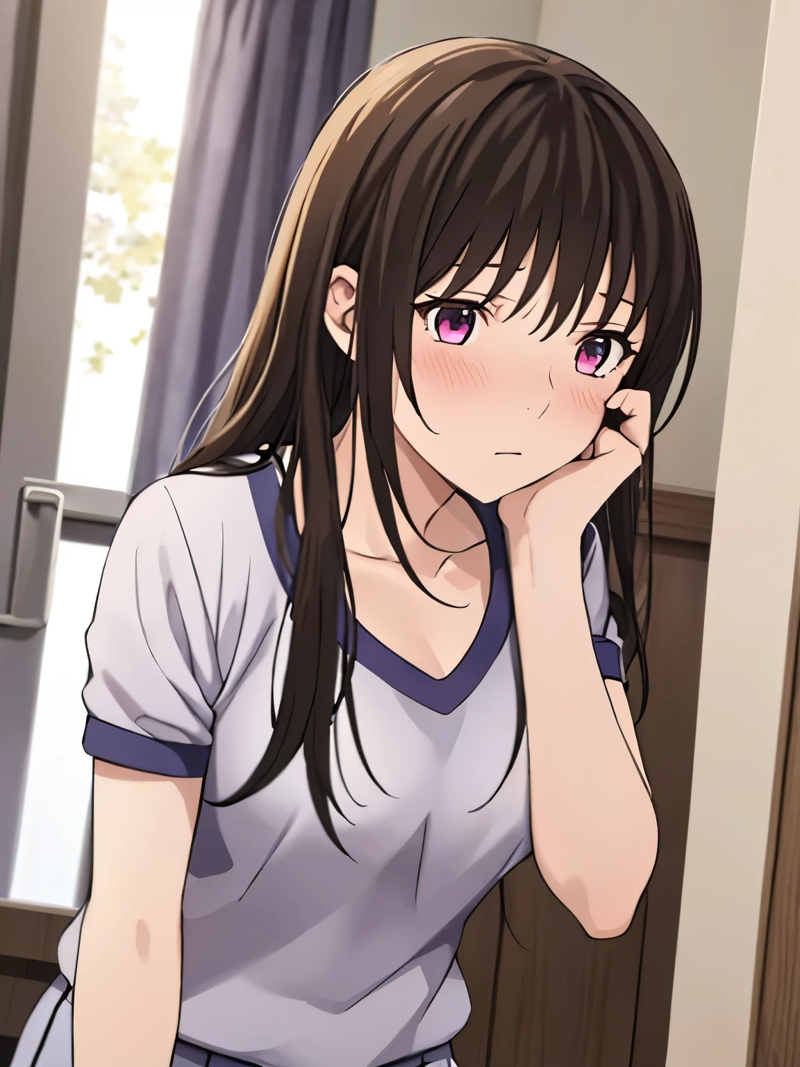 1girl, bangs, black hair, blush, breasts, medium breast, solo,  gym uniform, short sleeve white shirt, blue shorts, collarbone, blue gym shorts, white short sleeve gym shirt, indoors, sexy pose, upper body,close up shot, indoors, bedroom, curtains, detailed eyes, worried eyes, covering her chest,