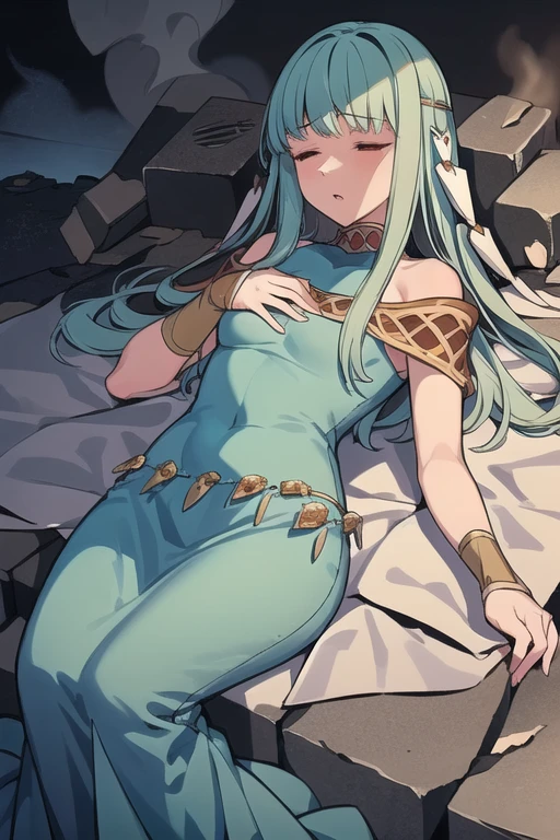 Ninian  lovingly languid in active castle battle after losing a tough battle, lieing lifeless and inert on debris, rubble, and smoke surrounds her. Ninian  in a terrible and weak state. Her tea-length dress has brown dust and black stains on it; Ninian takes slow and painful breaths and her blue and gold open-toe stilletos are cracked. She cannot move from her prone position lieing on her back, unable to open her eyes or breath. (Ninian), (blue hair, blue eyes, small shapely breast, long hair, clammy and dirty face), (Dress), (long tea-length blue drenched dress, bare shoulders, more small jewlery, brown dust and black stains on dress, languid in a dark grey murky castle battle, anguished facial expression, closed eyes, open mouth, shallow labored painful breaths) (anguished closed eyes:1), (Ninian languid, prone on her back, defeated in rubble, heavy smoke, and smoke exhales from her:1.5), Ninian  listless and motionless in a dark grey smokey castle:1.0, Ninian  sullied and dirty:1.2, (Ninian lieing in debris and a dust cloud:1.0), inside has rubble and dust and scraps of metal, two blue and gold open-toe stilletoes around her (4K quality, high quality, 4k quality Ninian and dress:1.0), (solo, one person, 1girl:1.5), ninian fe, red eyes, long dress, jewelry, dancer