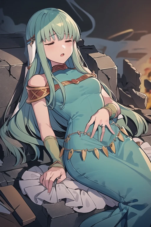 Ninian  lovingly languid in active castle battle after losing a tough battle, lieing lifeless and inert on debris, rubble, and smoke surrounds her. Ninian  in a terrible and weak state. Her tea-length dress has brown dust and black stains on it; Ninian takes slow and painful breaths and her blue and gold open-toe stilletos are cracked. She cannot move from her prone position lieing on her back, unable to open her eyes or breath. (Ninian), (blue hair, blue eyes, small shapely breast, long hair, clammy and dirty face), (Dress), (long tea-length blue drenched dress, bare shoulders, more small jewlery, brown dust and black stains on dress, languid in a dark grey murky castle battle, anguished facial expression, closed eyes, open mouth, shallow labored painful breaths) (anguished closed eyes:1), (Ninian languid, prone on her back, defeated in rubble, heavy smoke, and smoke exhales from her:1.5), Ninian  listless and motionless in a dark grey smokey castle:1.0, Ninian  sullied and dirty:1.2, (Ninian lieing in debris and a dust cloud:1.0), inside has rubble and dust and scraps of metal, two blue and gold open-toe stilletoes around her (4K quality, high quality, 4k quality Ninian and dress:1.0), (solo, one person, 1girl:1.5), ninian fe, red eyes, long dress, jewelry, dancer