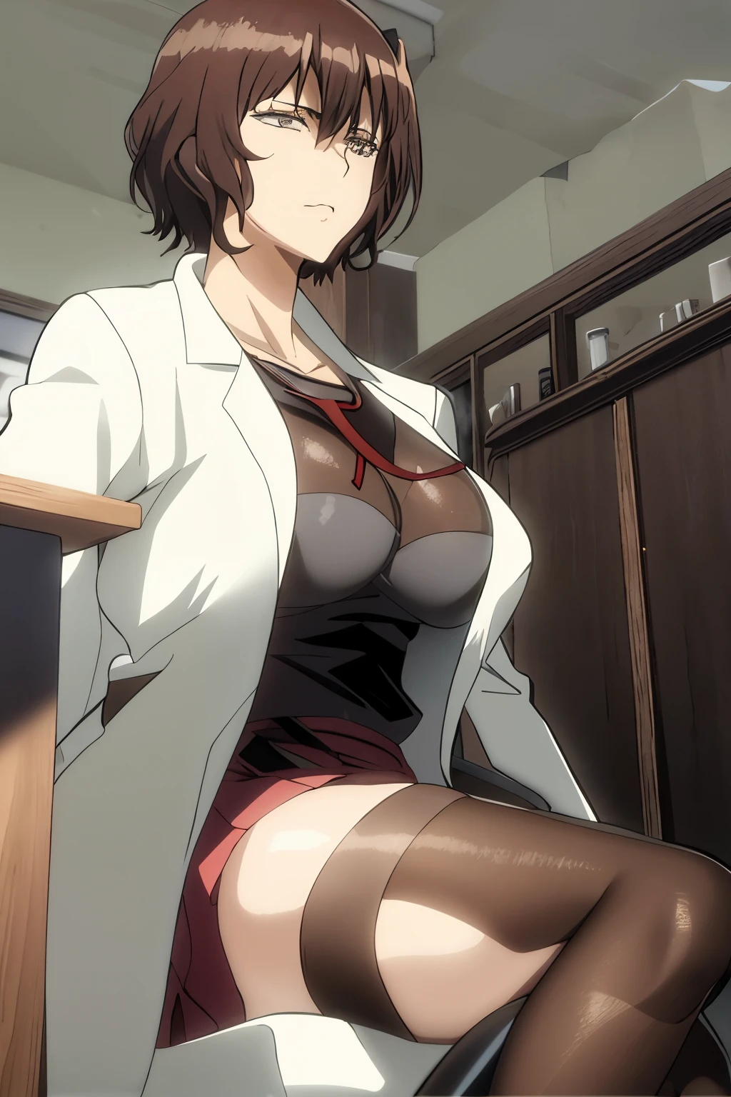 Cartoon image of a woman wearing a short skirt and a white jacket, honest, honest shinka, anime girl, Sit on the lab table, Still from TV animation, kurisu Makise Steins;Gate anime, wearing a lab coat和衬衫, bottom corner, 蹲着anime girl, wearing a lab coat, Asuka suit under clothes!