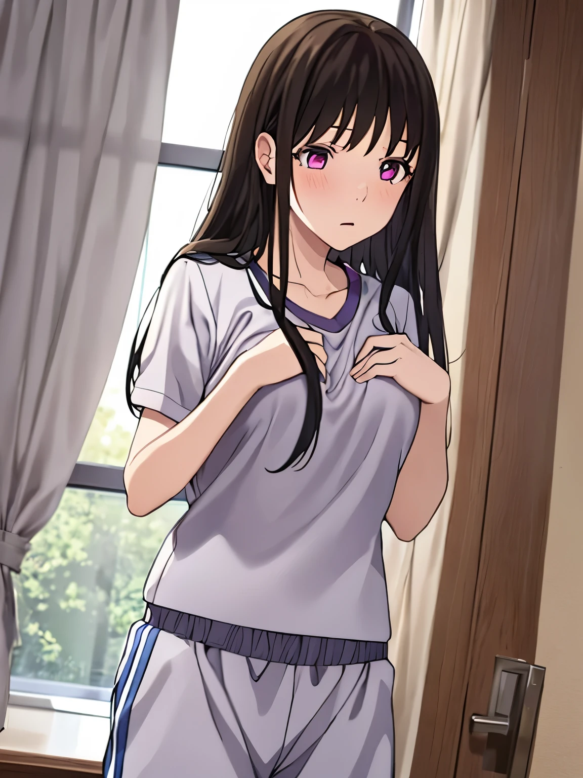 1girl, bangs, black hair, blush, breasts, medium breast, solo,  gym uniform, short sleeve white shirt, blue shorts, collarbone, blue gym shorts, white short sleeve gym shirt, indoors, sexy pose, upper body,close up shot, indoors, bedroom, curtains, detailed eyes, worried eyes, covering her chest,