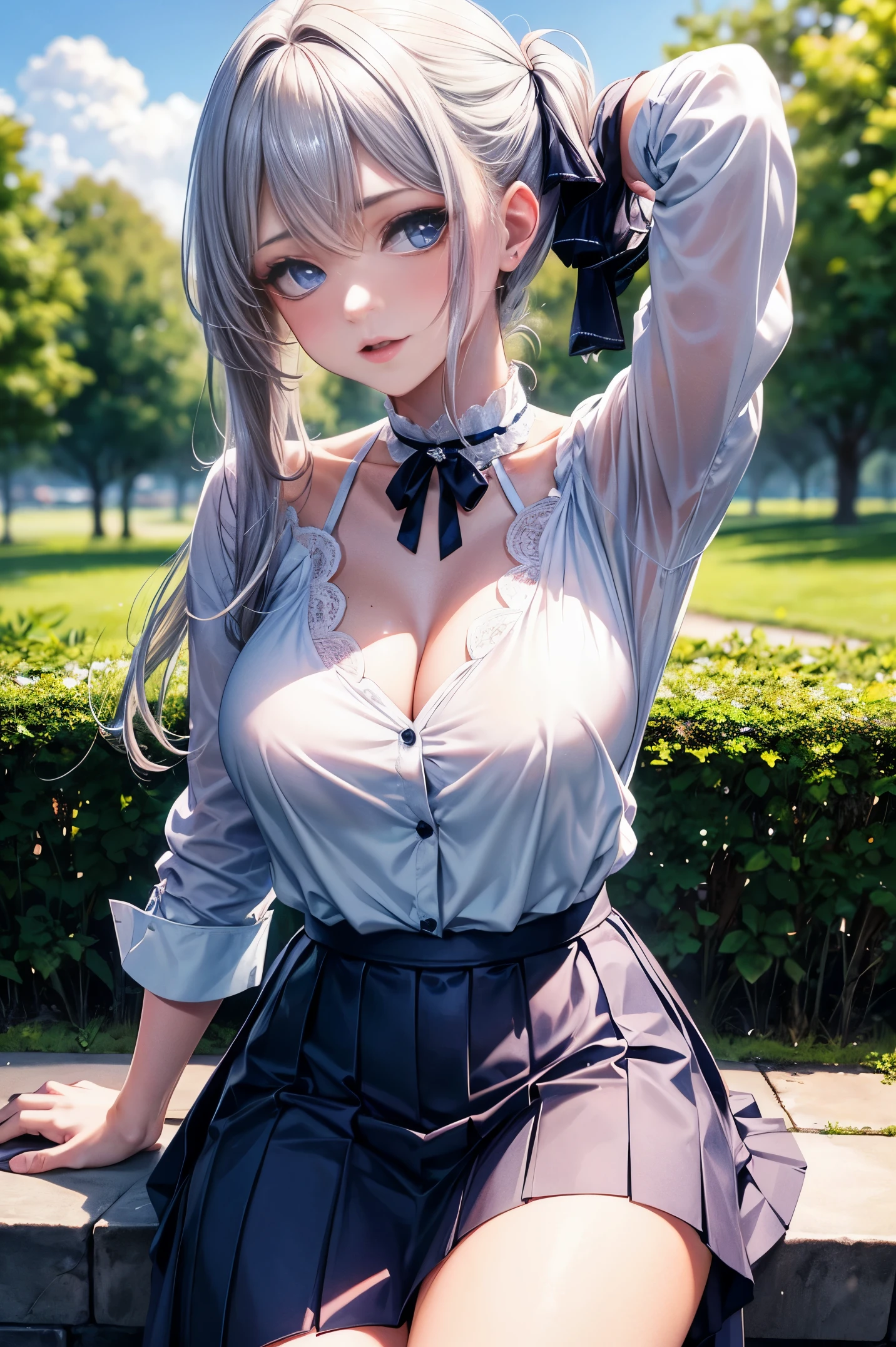 40k, photography, masterpiece, best quality, (1girl blue eyes ), medium ass full breasts until waiting wearinini skirt swinging sexy round: 1.3), (white open neckline shirt: 1.3),