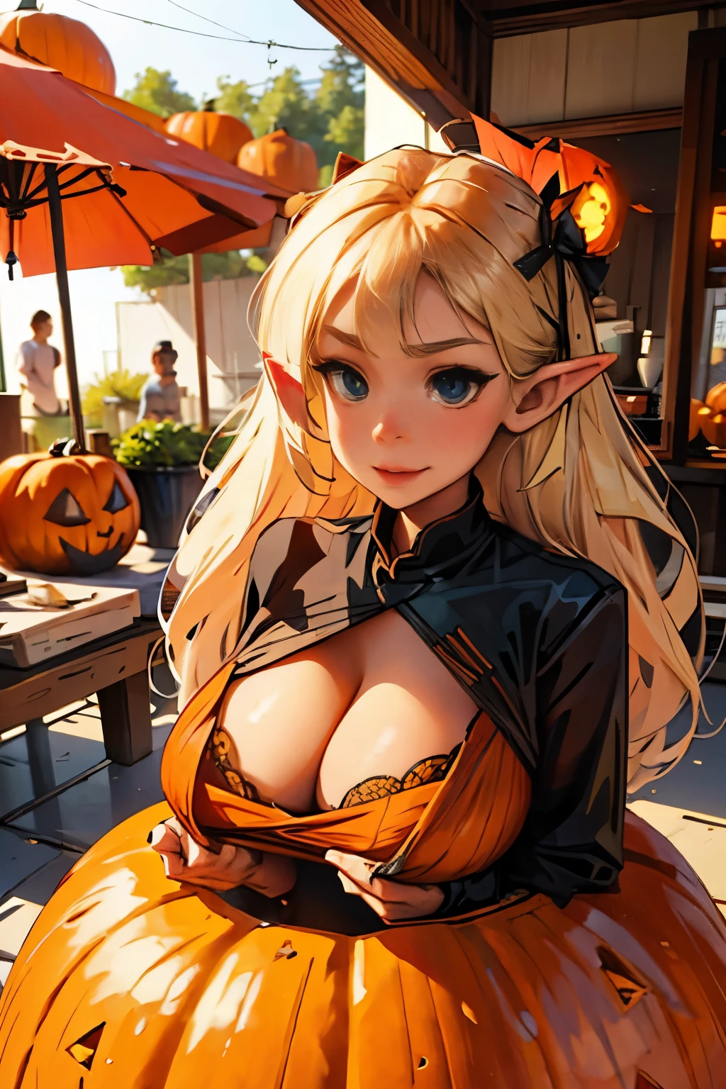 Beautiful elf holding a pumpkin lantern, giga_busty