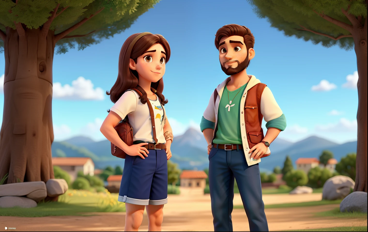 Jovem casal, Man standing and looks in love. O jovem rapaz tem barba no rosto todo. The two of them are in a very beautiful background landscape