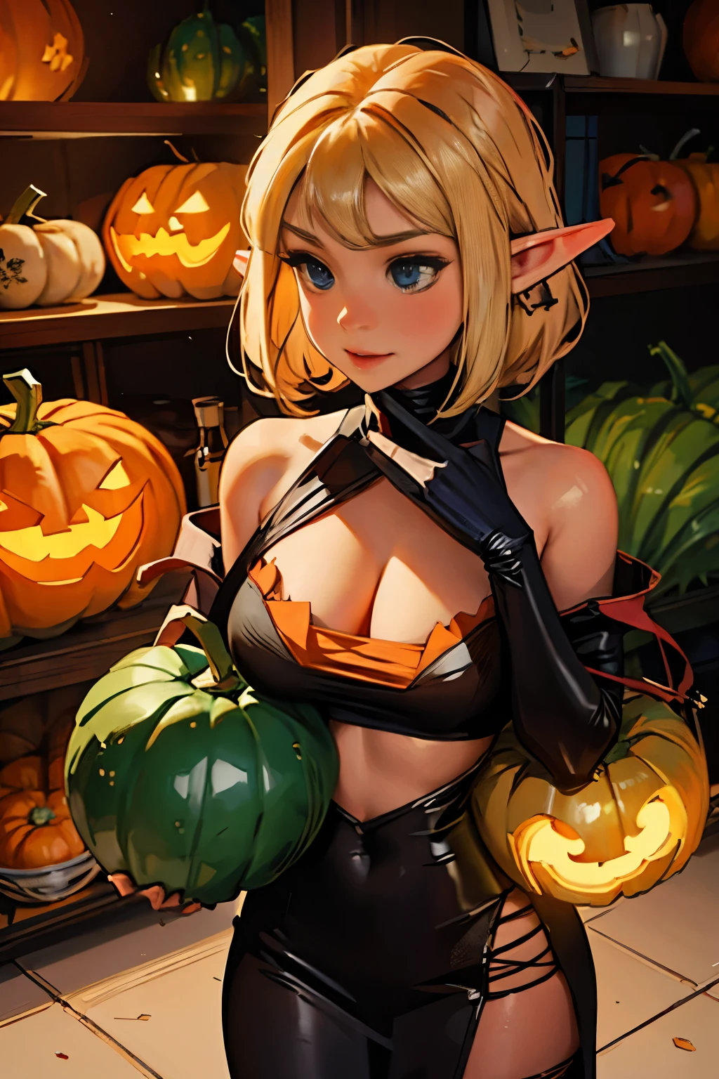 Beautiful elf holding a pumpkin lantern, giga_busty