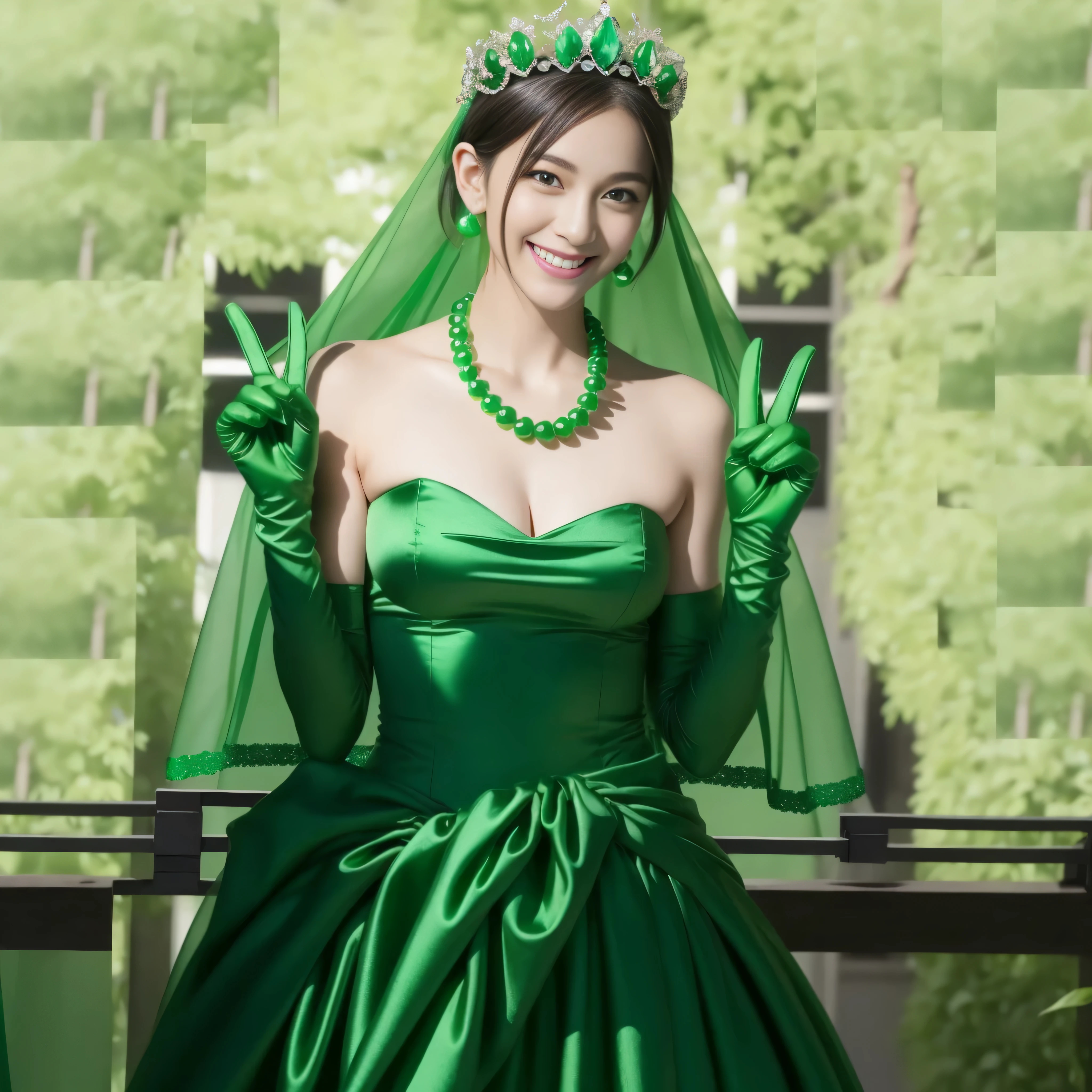 emerald tiara, green pearl necklace, boyish very short green hair, lipstick, smiling Japanese woman, very short hair, big breasts beautiful, green eyes, Long Green Satin Gloves, green eyes, V sign, emerald earrings, green veil