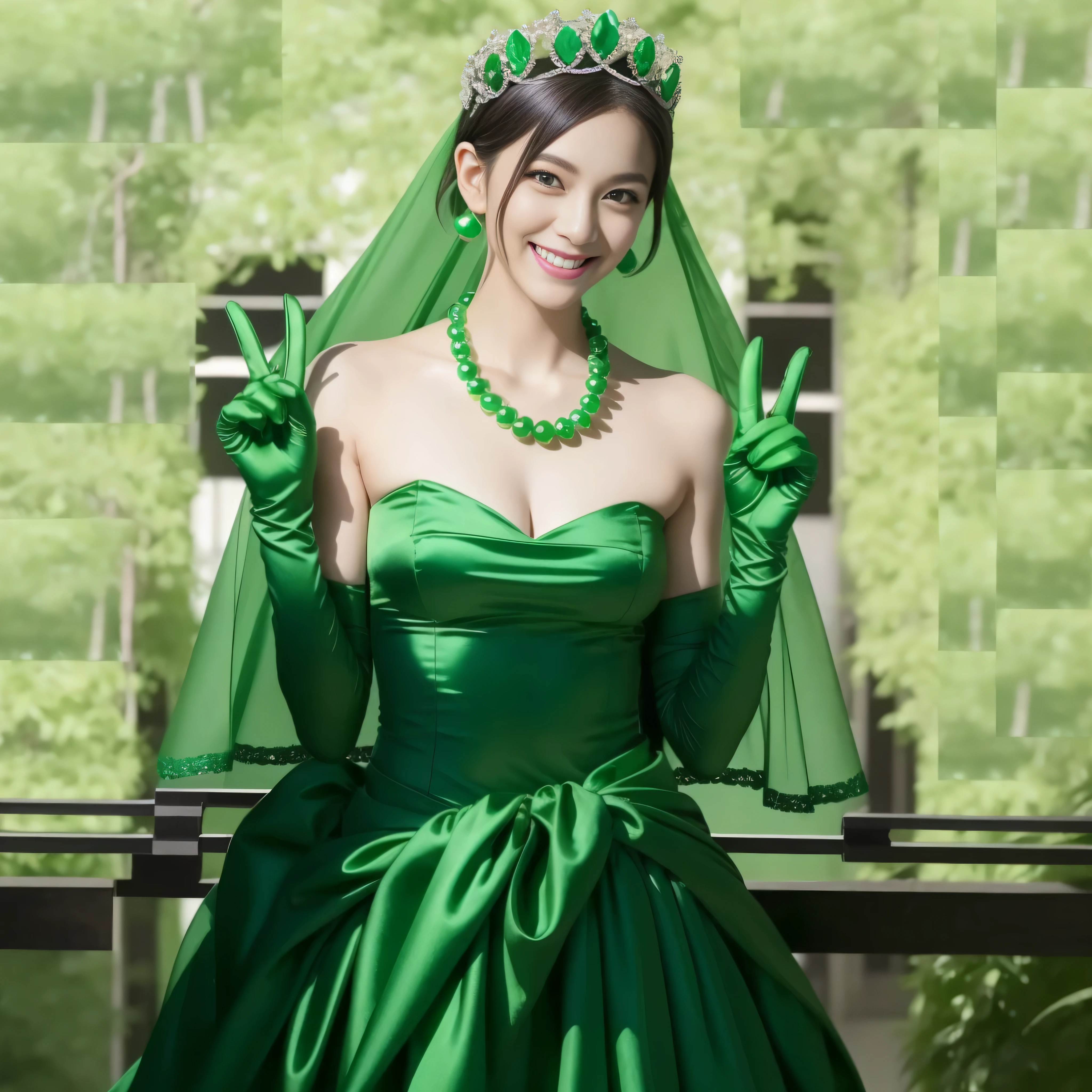 emerald tiara, green pearl necklace, boyish very short green hair, lipstick, smiling Japanese woman, very short hair, big breasts beautiful, green eyes, Long Green Satin Gloves, green eyes, V sign, emerald earrings, green veil
