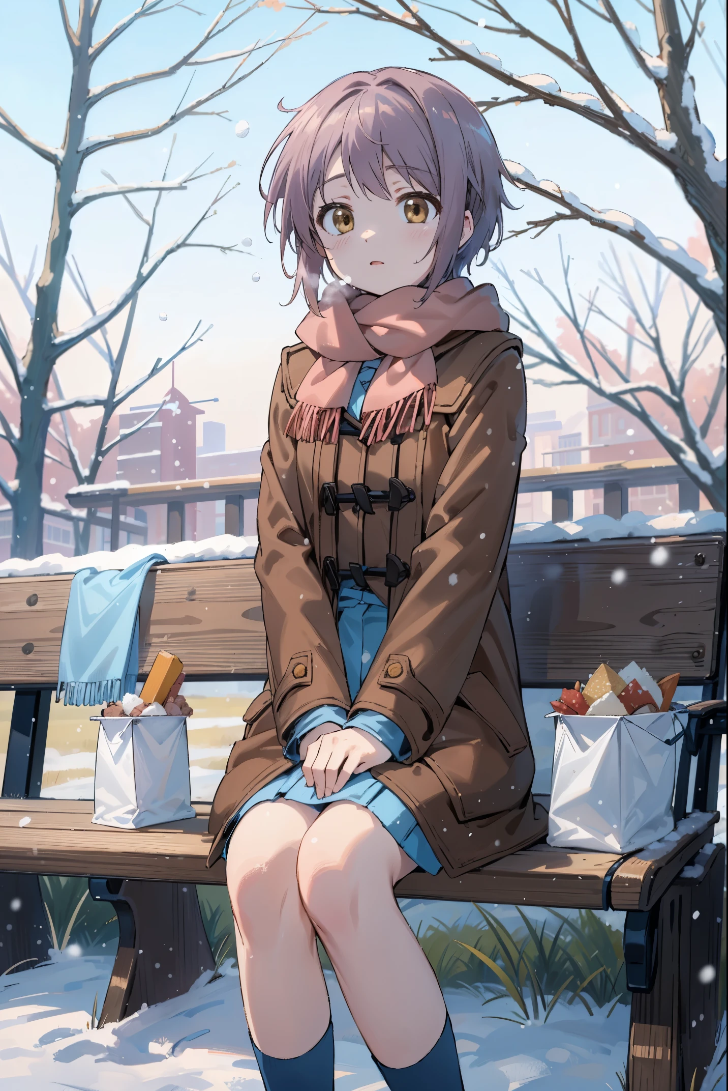 (masterpiece),(best quality), yuki, brown coat,  scarf, kneehighs, blank eyes, inexpressive face, park, waiting, bench, snow, snowing, tree, nature, 