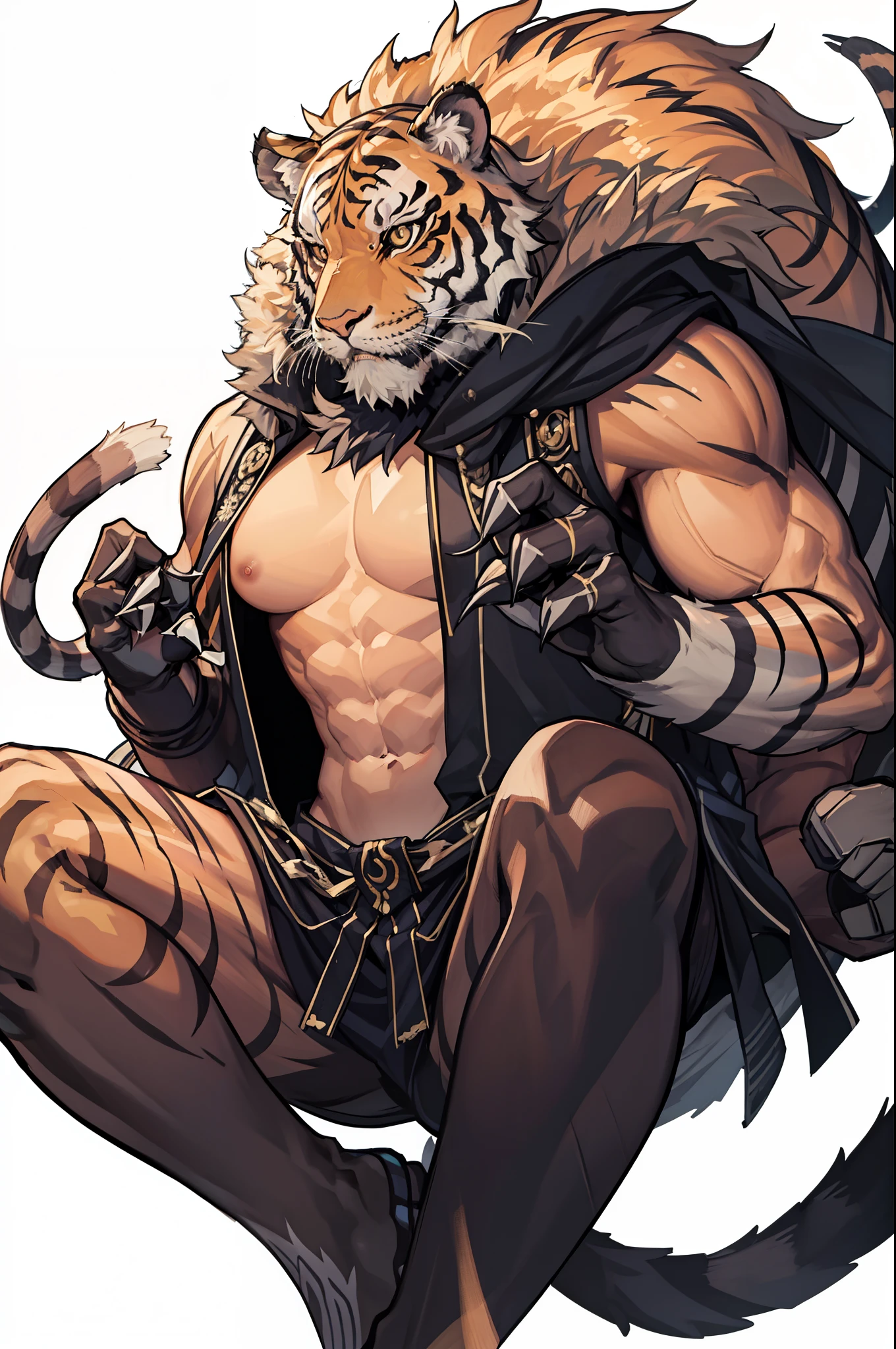 Tiger man, gigantic, muscular body, long tail, black stripes, mid-torso covered in hair, tiger feet, claws on hands, 8k, hd, masterpiece, white background