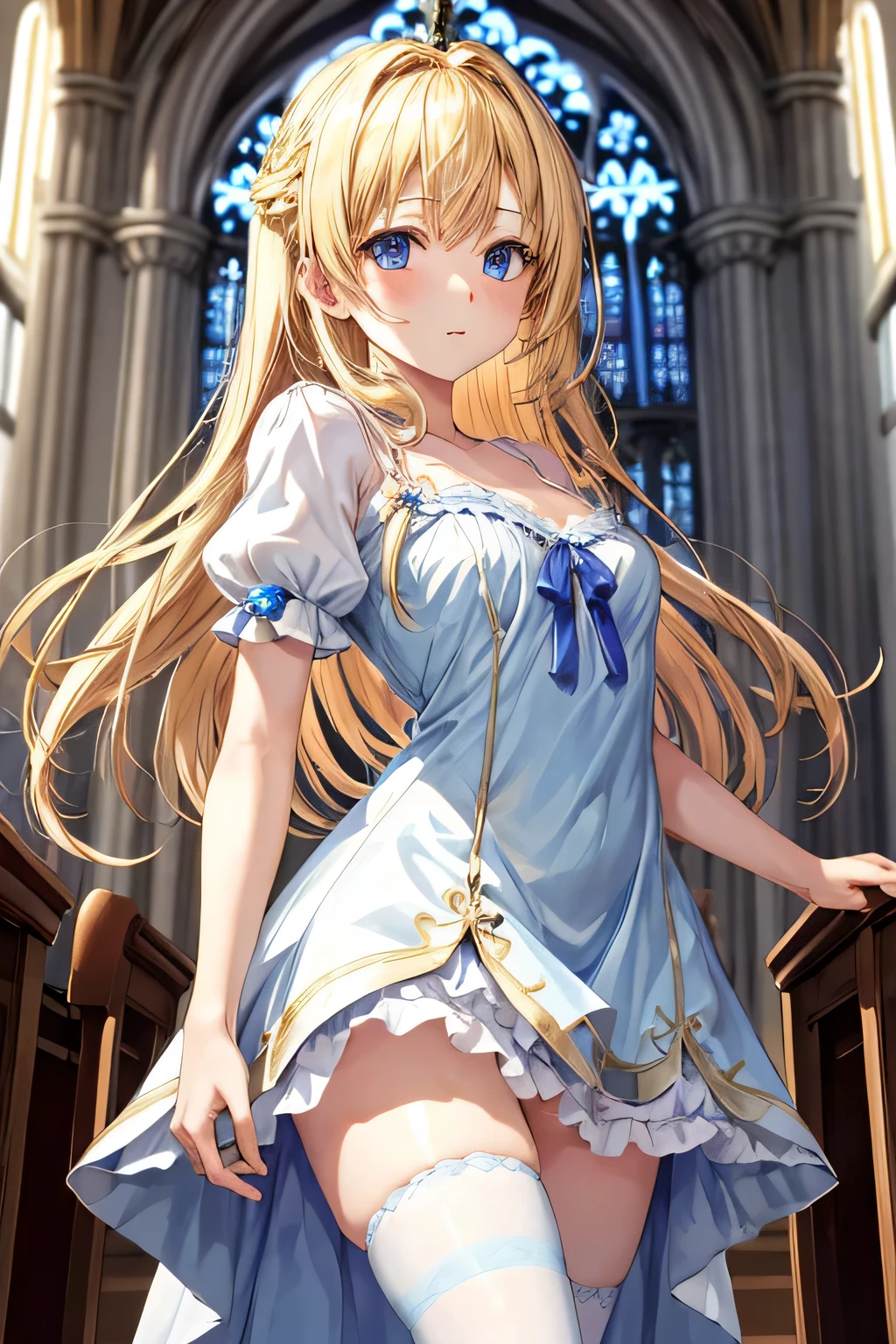1 chica, vestido magico, magical girl, camisa, calzas, pelo rubio, ojos azules, En la iglesia