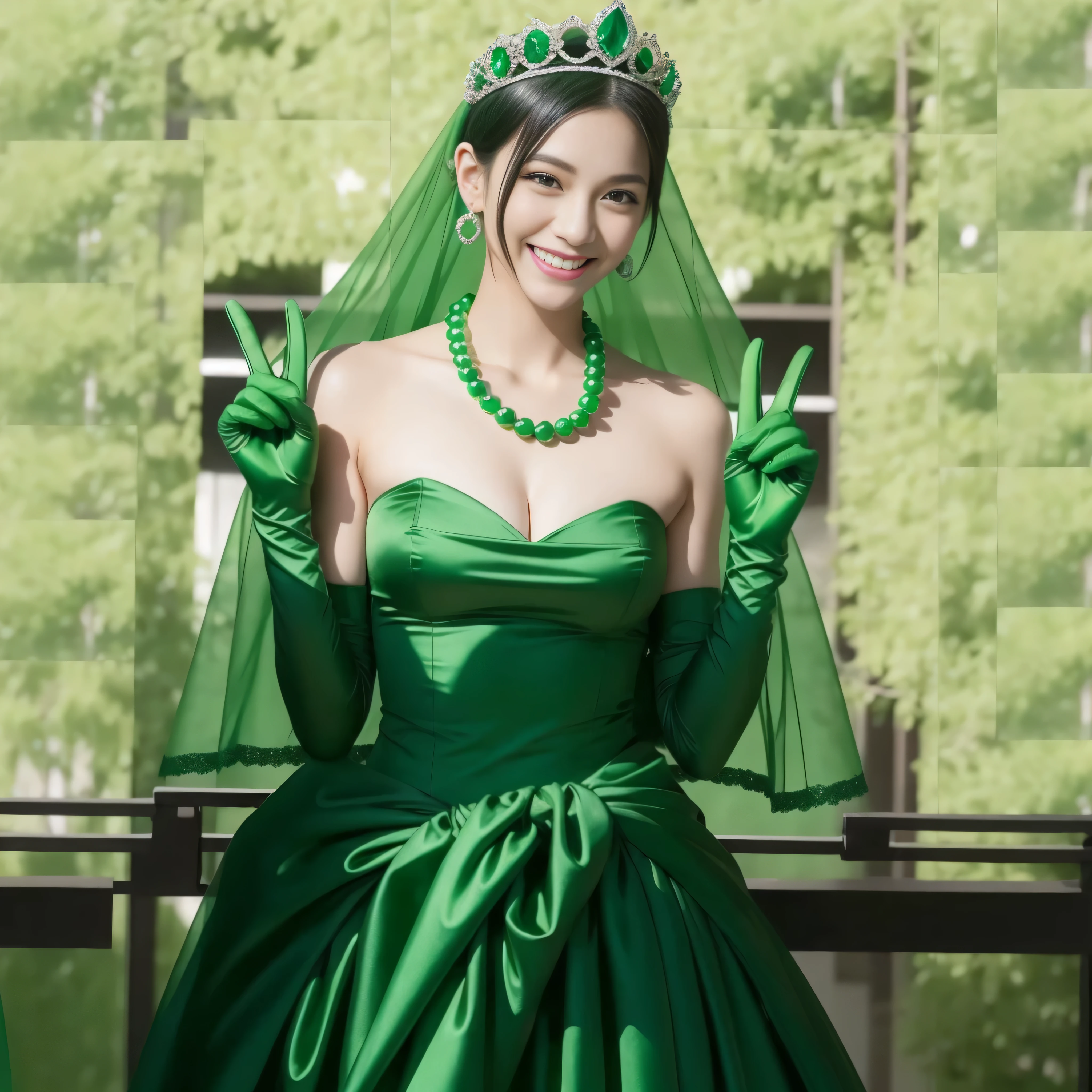 emerald tiara, green pearl necklace, boyish very short green hair, lipstick, smiling Japanese woman, very short hair, big breasts beautiful, green eyes, Long Green Satin Gloves, green eyes, V sign, emerald earrings, green veil