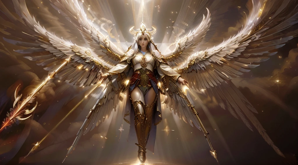 Develop a high-resolution, celestial-illuminated visual representation of a majestic seraphim, with six pairs of wings on his back, wearing red robes adorned with silver and gold accents. The seraphim holds a flaming-tipped spear while radiating a divine luminosity that highlights his celestial presence.