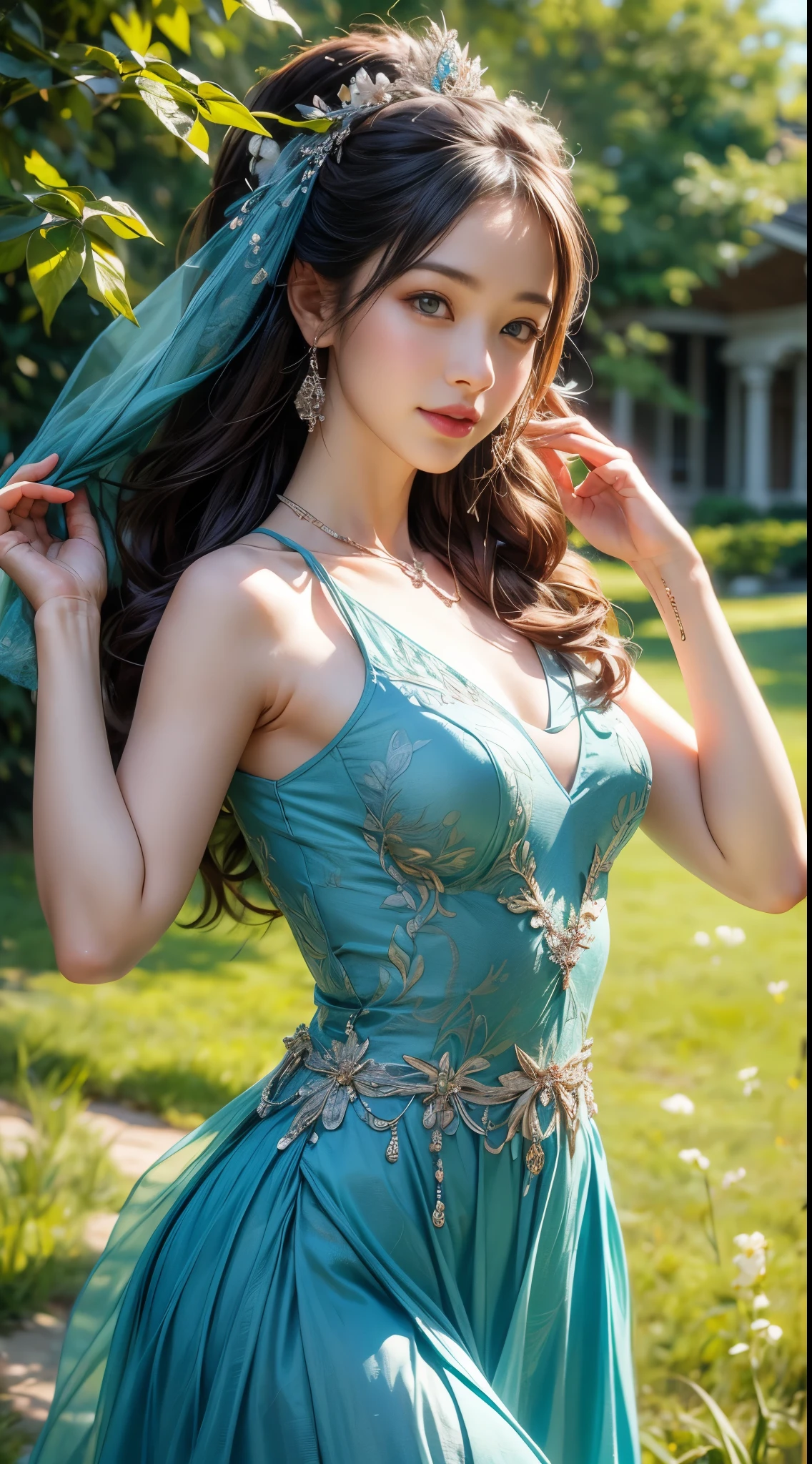(highest quality,4K,8K,High resolution,master piece:1.2),super detailed,(Now,Realisticに,Realistic:1.37),girl in a luxurious blue dress,eyes were shining with joy, her lips were slightly curved,show a gentle smile. The sun casts a warm golden light on her face, Enhance her beauty. Flower colors are bright pink and purple、Rich in gentle pastel colors。, Create harmonious and visually pleasing works. soft and diffused lighting, Creates a dreamy and fantastic atmosphere. girl standing in the middle of the field, Please raise your arms a little, Embrace the beauty of nature. A carefully balanced composition, girl'Off-center position, Create a sense of movement and vitality. The details of the flowers are very carefully drawn...., Carefully expressing each petal and leaf.. girl'The skirt wraps her elegantly, Adds elegance and femininity to the scene. all inclusive, Works that evoke joyful feelings, enshrine, and appreciation for the beauty of nature.........