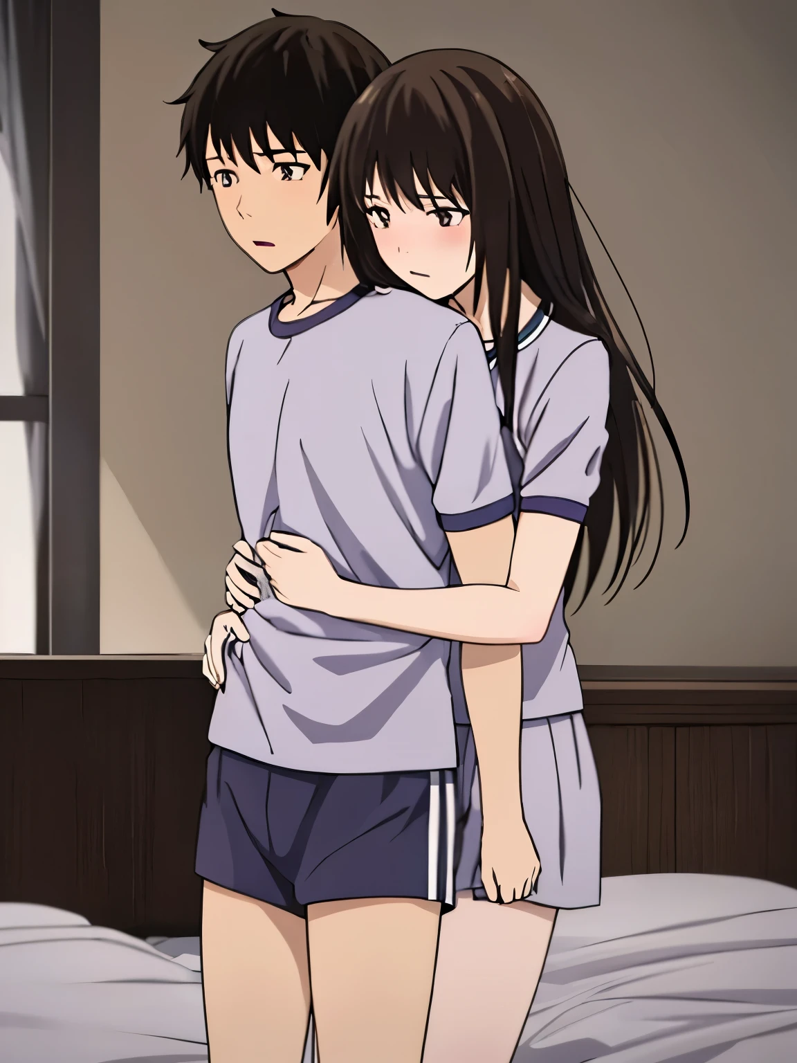 1boy, buzzcut, black eyes, boy is behind girl, breast grope from behind,1girl, bangs, black hair, blush, breasts, medium breast, solo, gym uniform, short sleeve white shirt, blue shorts, collarbone, blue gym shorts, white short sleeve gym shirt , indoors, night, passionate hug, lie on bed