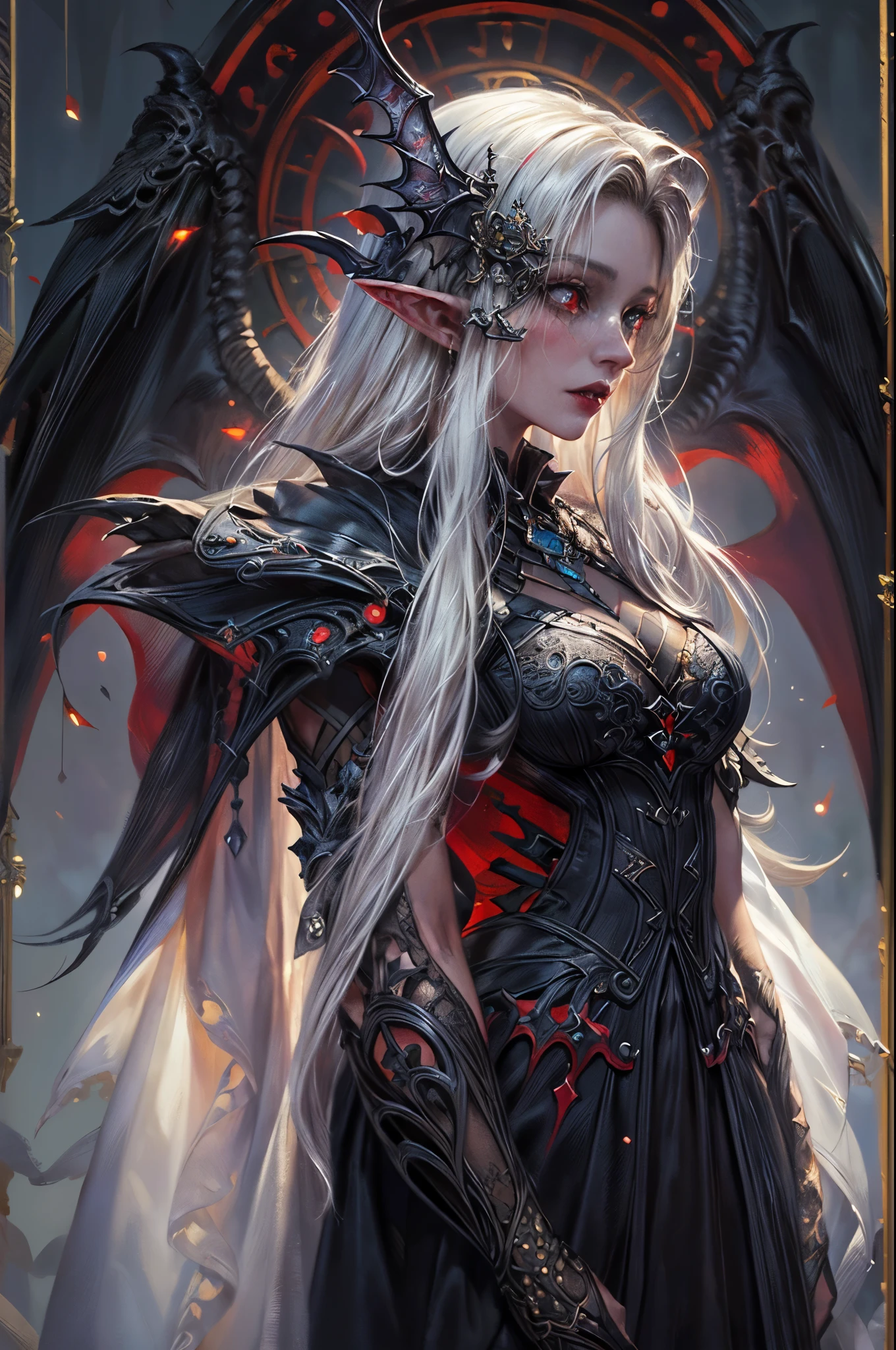 arafed, dark fantasy art, gothic art, (masterpiece:1.5), full body best details, highly detailed, best quality, highres, full body portrait of a vampire, elf (1.6, Masterpiece, best quality), ultra feminine (1.4 intricate details, Masterpiece, best quality) with a long curvy hair, dark color hair, red eyes (1.3 fantasy art, Masterpiece, best quality), ((beautiful delicate face)), Ultra Detailed Face (1.4 intricate details, fantasy art, Masterpiece, best quality), [visible sharp vampiric fangs] (1.6 intricate details, fantasy art, Masterpiece, best quality), [anatomically correct] red cloak, flowing cloak (1.4 intricate details, fantasy art, Masterpiece, best quality), wearing an intricate leather [white] dress (1.4 intricate details, gothic art, Masterpiece, best quality), high heeled boots, blood dripping on lipackground (intense details, beat detailantasy, at night light, natural ,moon light, soft moon light, moon rays, clouds, gothic atmosphere, gothic street background, bats flying in background, soft light, dynamic light, [[anatomically correct]], high details, best quality, 8k, [ultra detailed], masterpiece, best quality, (extremely detailed), dynamic angle, ultra wide shot, RAW, photorealistic, zrpgstyle