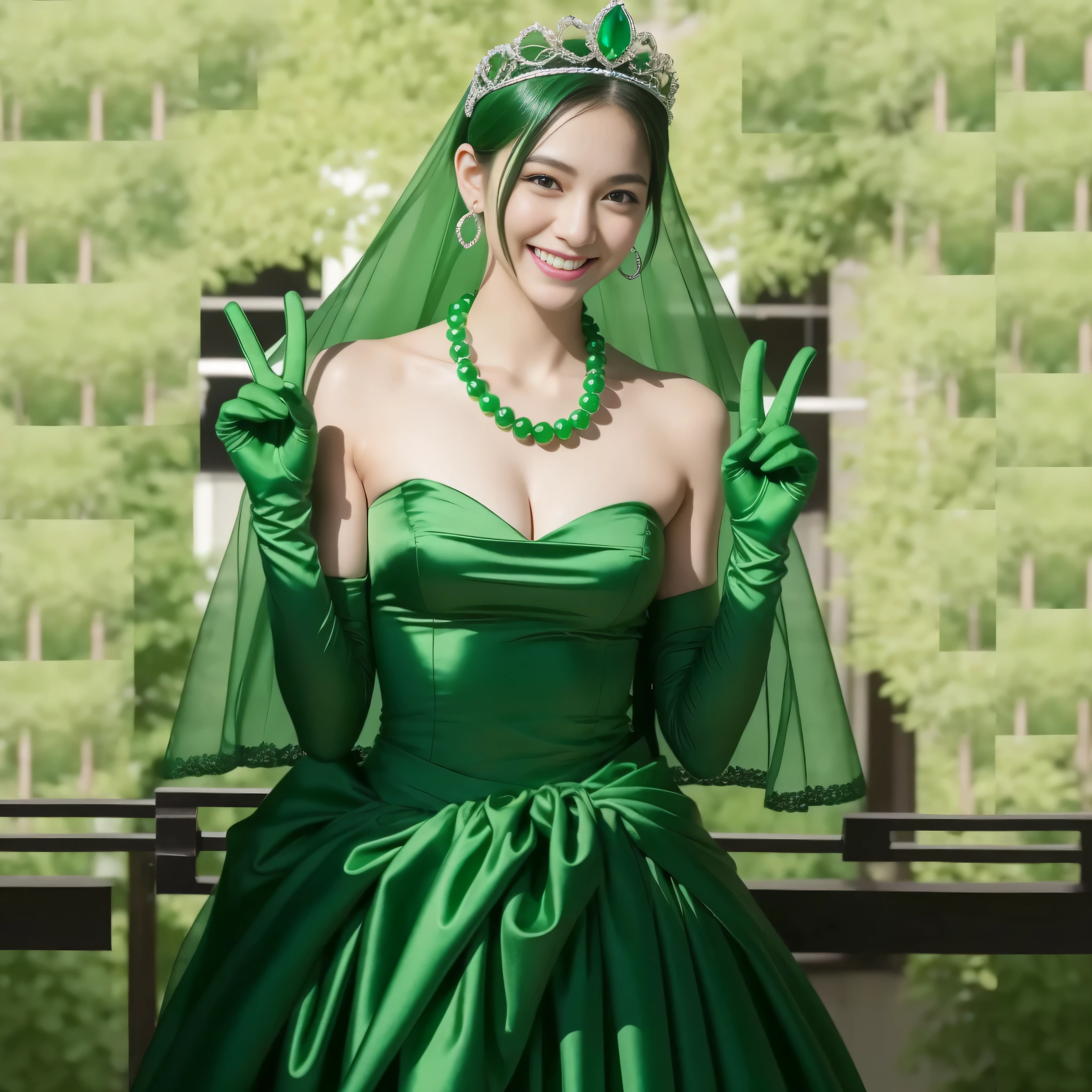 emerald tiara, green pearl necklace, boyish very short green hair, lipstick, smiling Japanese woman, very short hair, big breasts beautiful, green eyes, Long Green Satin Gloves, green eyes, V sign, emerald earrings, green veil