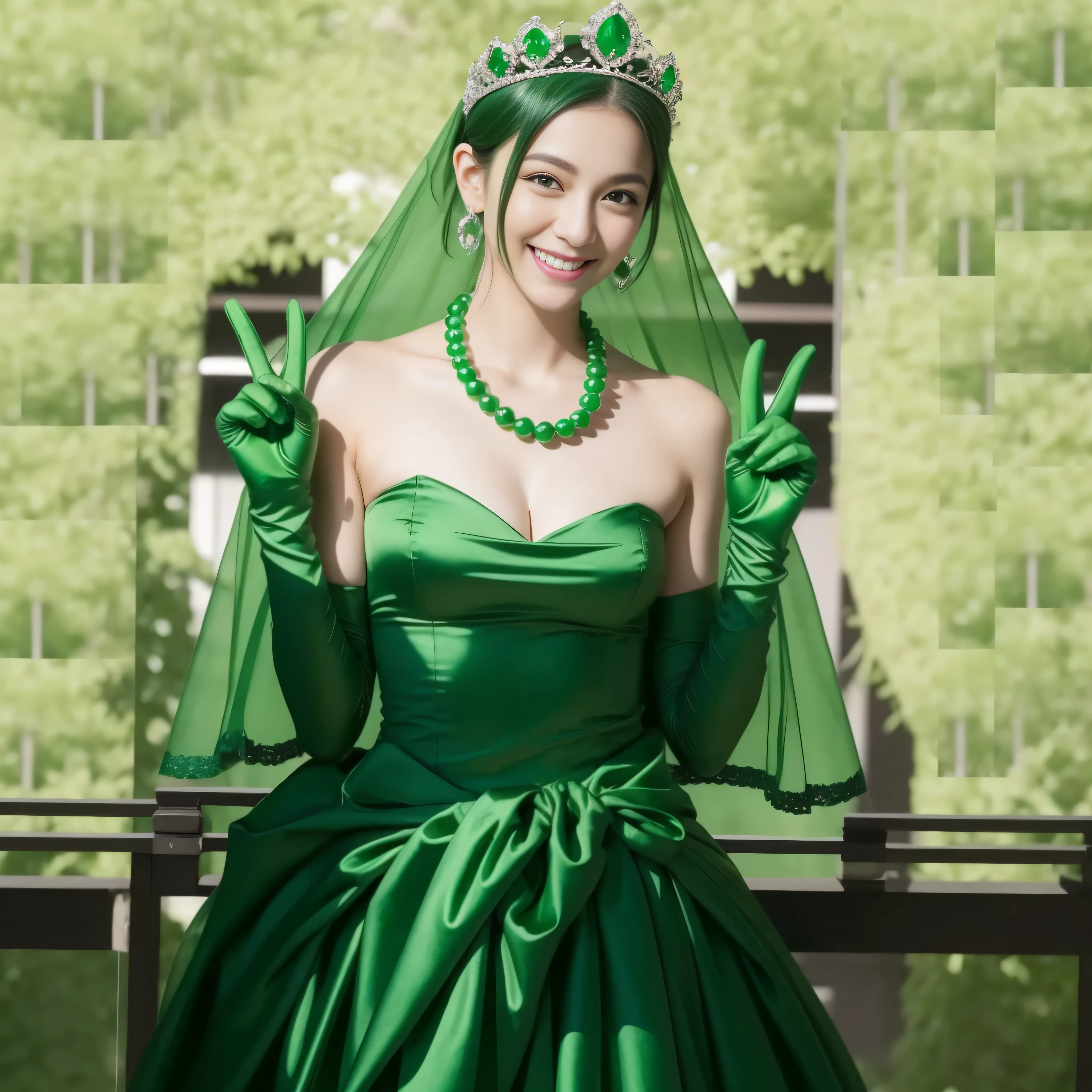 emerald tiara, green pearl necklace, boyish very short green hair, lipstick, smiling Japanese woman, very short hair, big breasts beautiful, green eyes, Long Green Satin Gloves, green eyes, V sign, emerald earrings, green veil
