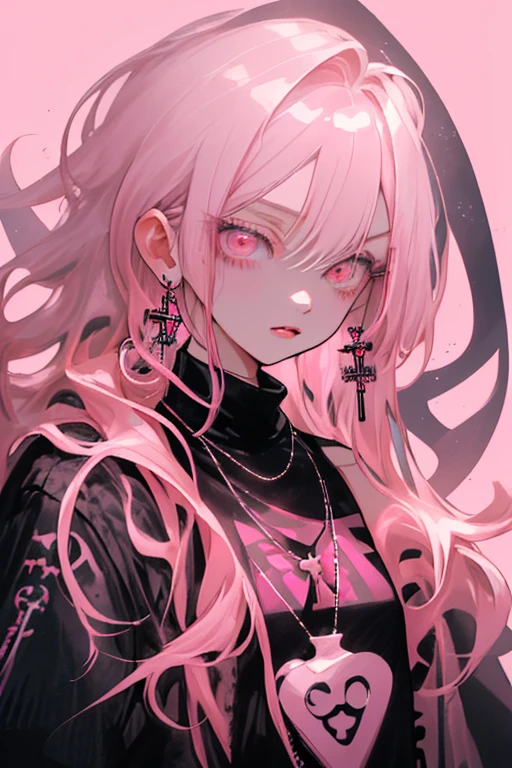 Hongliu, 1 girl, alone, long hair, looking at the viewer, blue eyes background,jewelry, closed mouth, Jacket, Upper body, pink hair, earrings, pink eyes, necklace, From the side, sweater, lips, eyelash, compensate, wavy hair, earrings, cross, lipstick, ear earrings, eye shadow, hoop earrings, pink lips, multicolored eyes, pink theme, , pink eye shadow,natural eyes、anime、detailed、