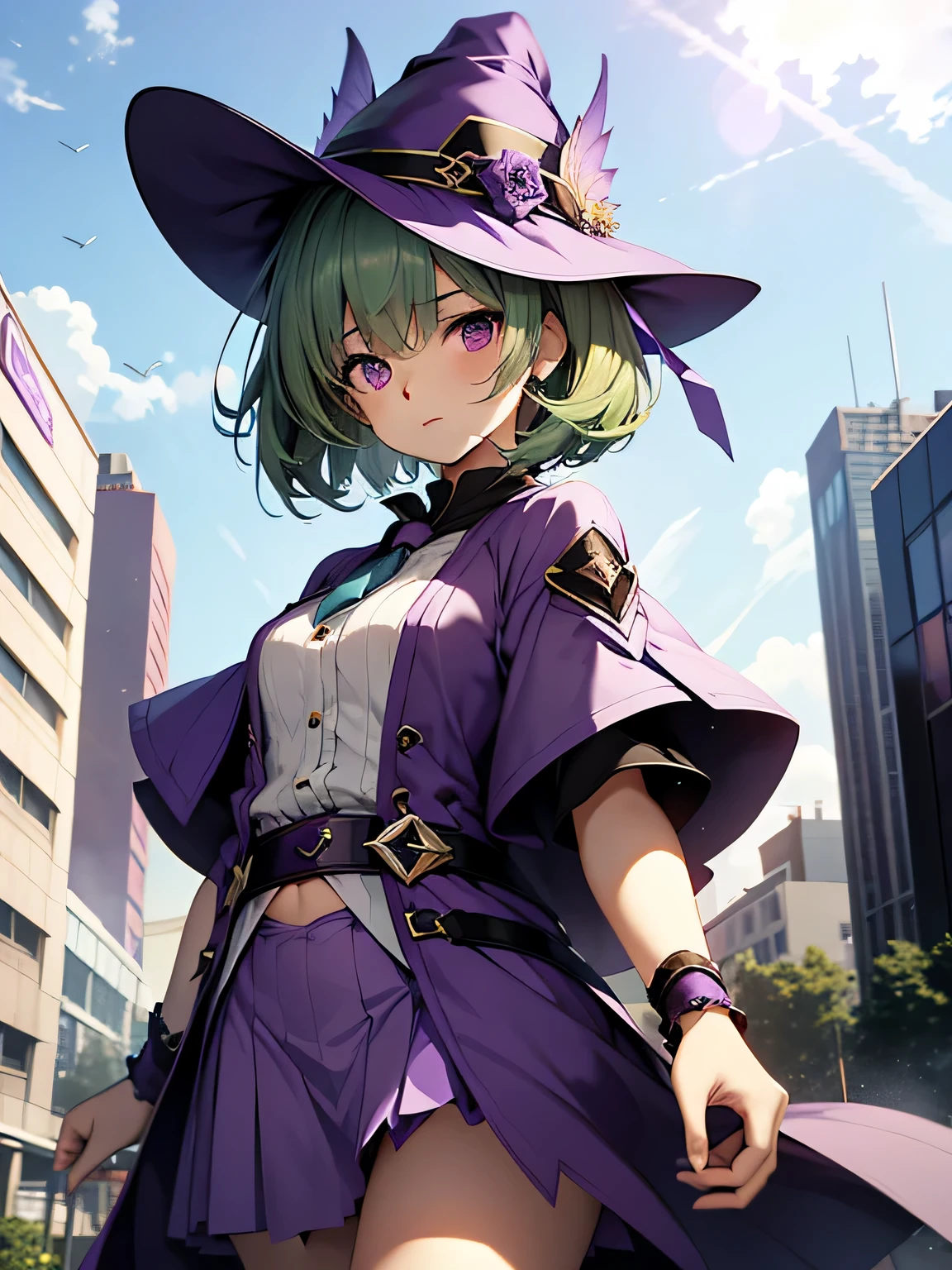 highest quality、very delicate and beautiful、(age girl)、purple eye、green hair、short hair、(purple witch hat)、Purple tie、I、short sleeve、purple skirt、Purple Wizard Robe、navel pussy、fly in the sky、dynamism、background is sky、The background is the roof of a building