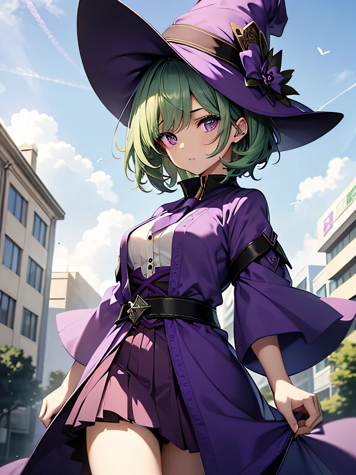 highest quality、very delicate and beautiful、(age girl)、purple eye、green hair、short hair、(purple witch hat)、Purple tie、I、short sleeve、purple skirt、Purple Wizard Robe、navel pussy、fly in the sky、dynamism、background is sky、The background is the roof of a building