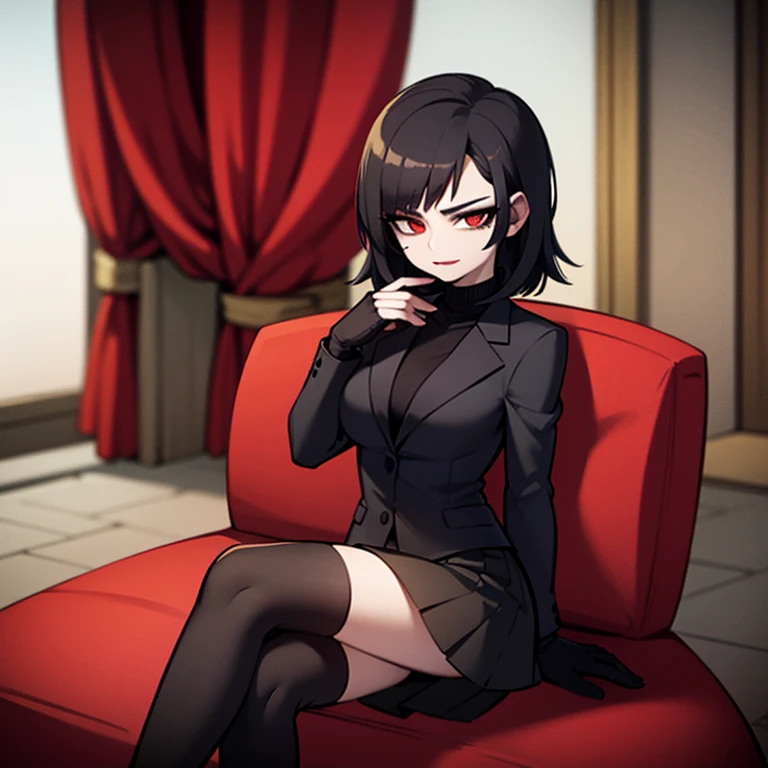 young woman, 28 years old, red eyes, short black hair, black lipstick, wearing a black blazer, a red turtleneck, a black mini-skirt, black gloves, and black high heels, sitting on a sofa in a mansion