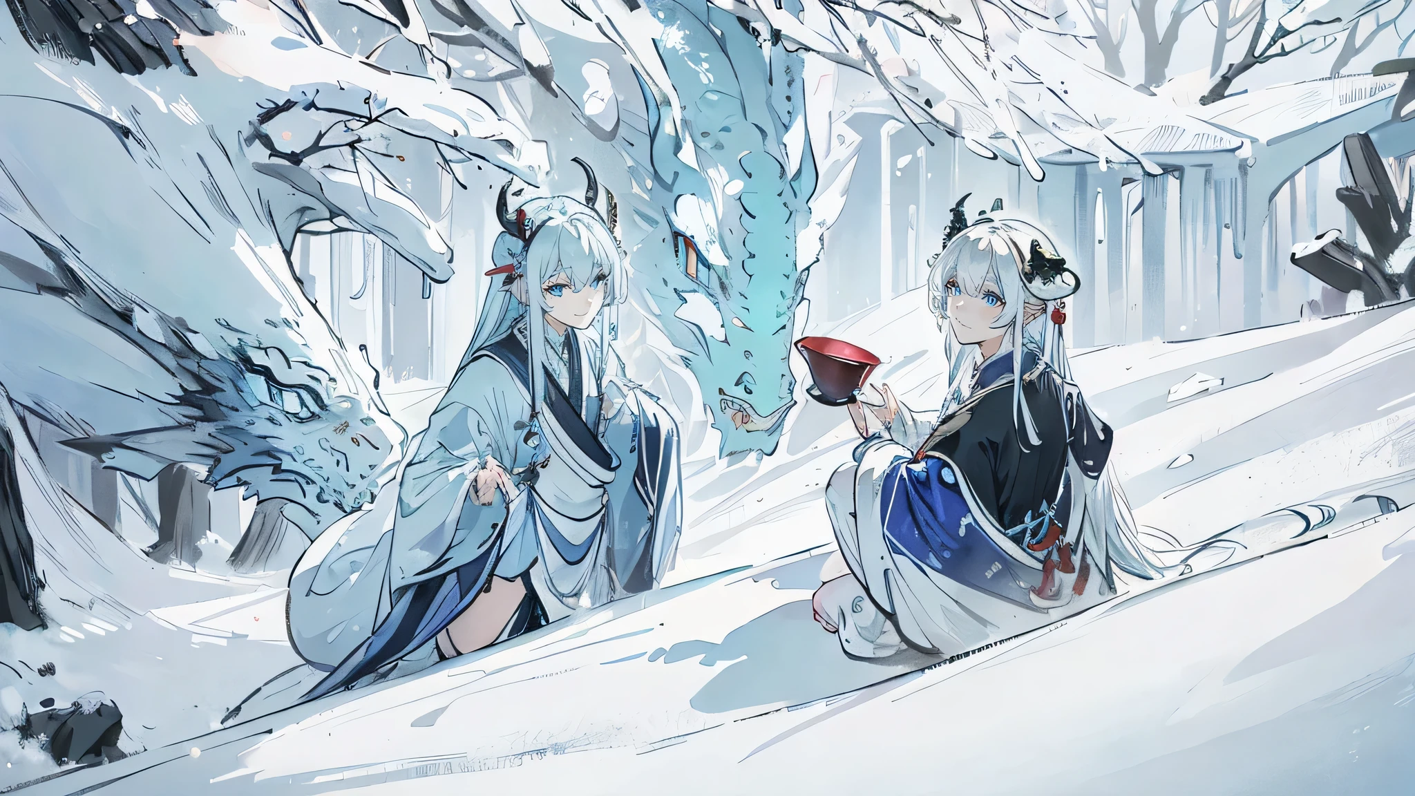 Cyan tones,White hair and blue eyes,noble,national current,apparel,Taoist robe,Extra long dragon horn,Smile,grace,grace,Magnificent scene,full-body shot,Ancient costume