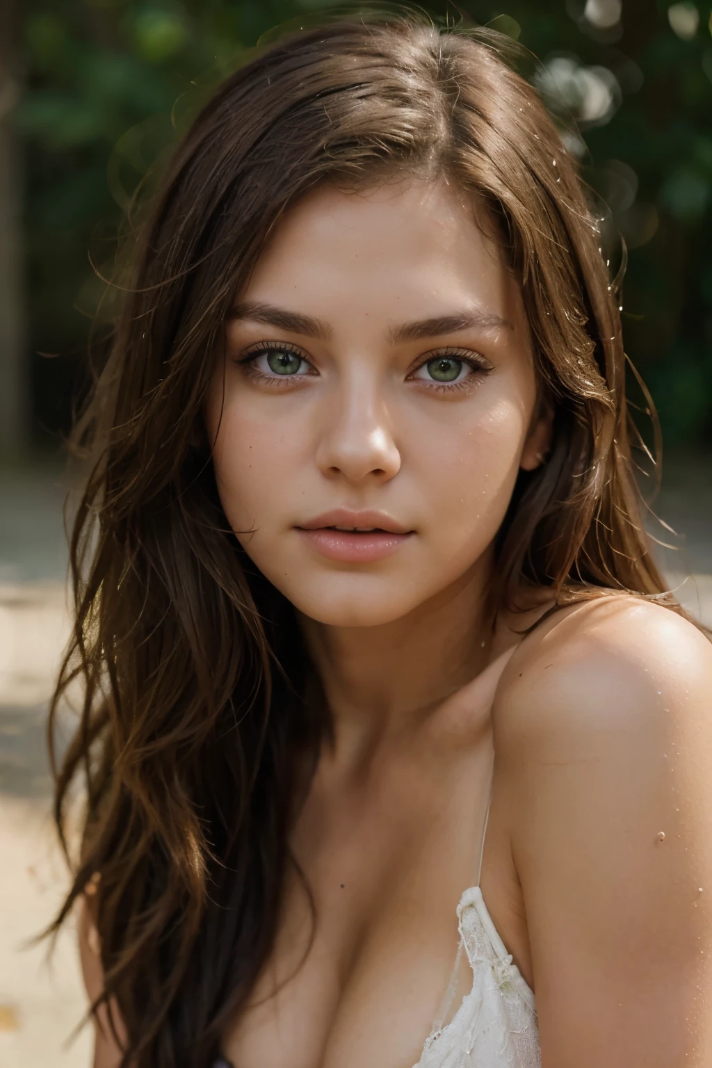 portrait of beautiful women, looking over spruce forest, moody portrait, striking features, beauty, intricate details, dramatic composition, tension, wispy hair, blue eyes, contrast, texture, realism, high-quality rendering, stunning art, high quality, film grain, Fujifilm XT3, acne, blemishes, detailed skin, freckled, open exposed see-through outfit