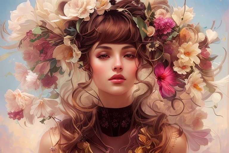 There is a woman wearing a flower crown on her head., amazing digital illustrations, beautiful digital artwork, beautiful digital illustrations, amazing digital art, complicated fuss, exquisite digital illustration, Karol Bak Oud, james jean and wlop, surreal art nouveau style, beautiful digital art, gorgeous digital painting, bloom. High Fantasy, Beautiful surreal portraits, amazing digital art、Do not change the aspect ratio