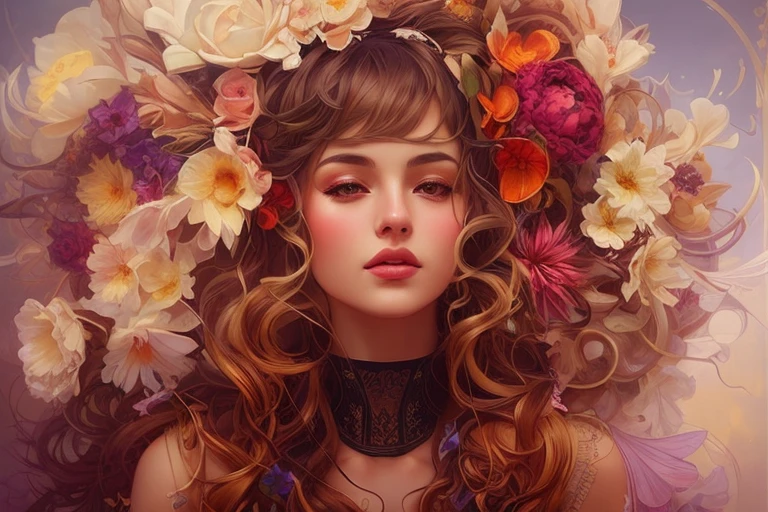 There is a woman wearing a flower crown on her head., amazing digital illustrations, beautiful digital artwork, beautiful digital illustrations, amazing digital art, complicated fuss, exquisite digital illustration, Karol Bak Oud, james jean and wlop, surreal art nouveau style, beautiful digital art, gorgeous digital painting, bloom. High Fantasy, Beautiful surreal portraits, amazing digital art、Do not change the aspect ratio