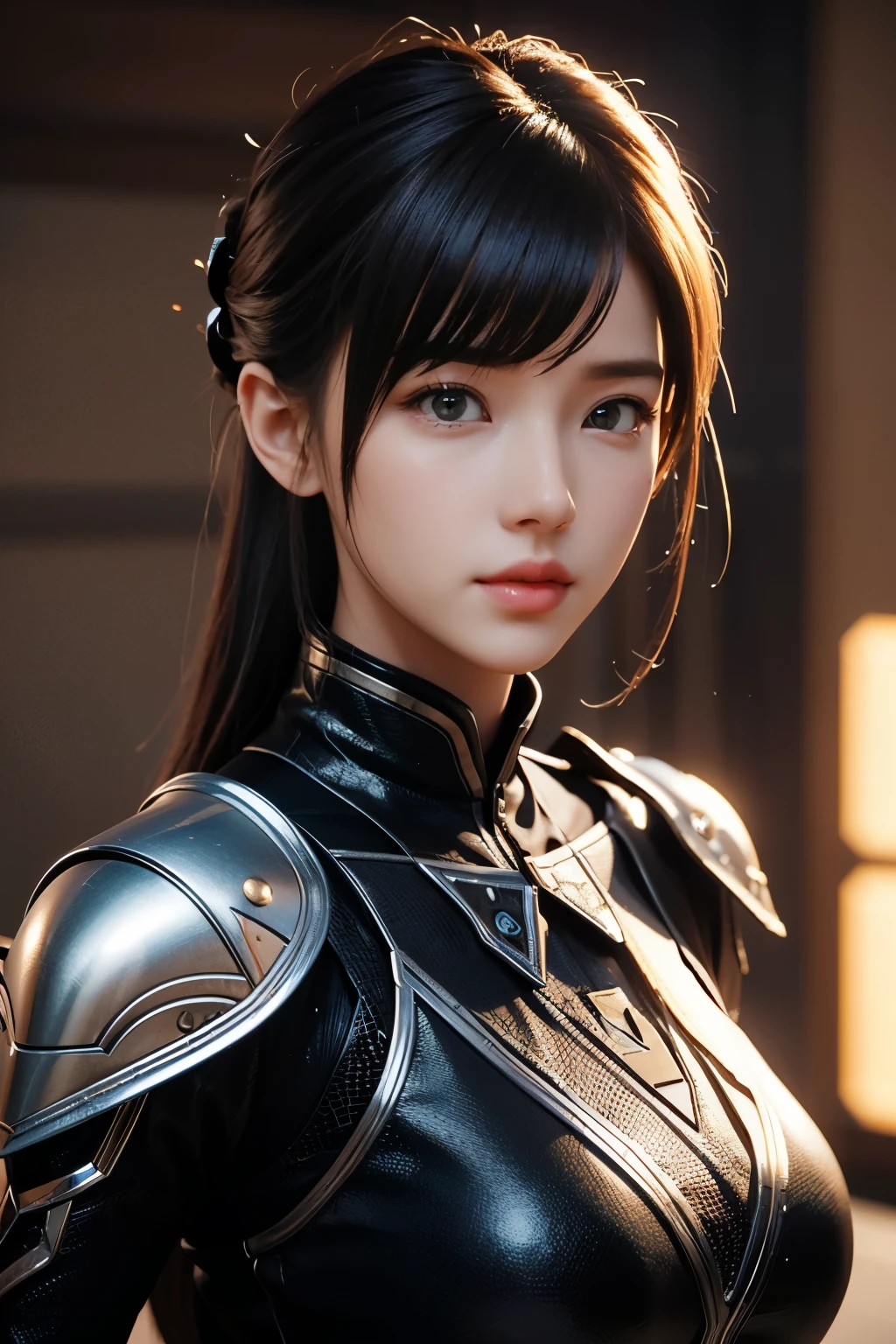 Game art，The best picture quality，Highest resolution，8K，((A bust photograph))，((Portrait))，(Rule of thirds)，Unreal Engine 5 rendering works， (The Girl of the Future)，(Female Warrior)，22岁少女，(Hair random)，(A beautiful eye full of detail)，(Big breasts)，优雅迷人，微笑，(皱眉)，(Clothes full of futuristic sci-fi style，Sweater，A delicate pattern，Glittering jewels，Armor，White and red)，赛博朋克人物，未来风格， 拍照姿势，街道背景，Movie lights，Ray tracing，Game CG，((3D Unreal Engine))，oc渲染反射纹