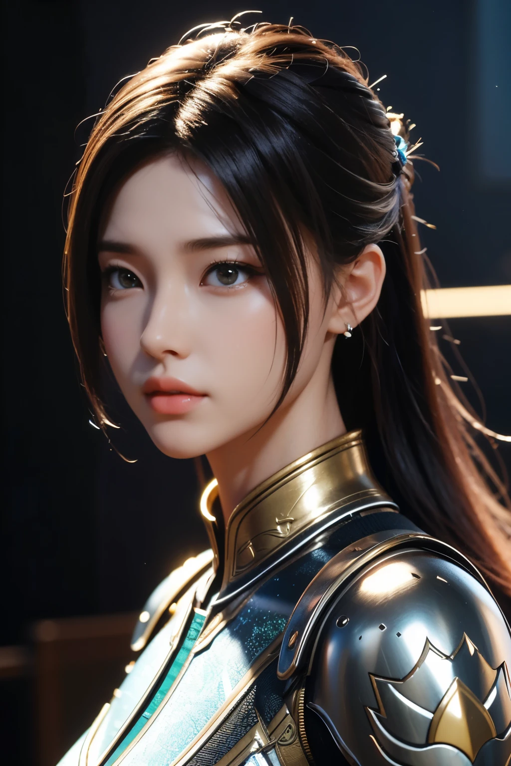 Game art，The best picture quality，Highest resolution，8K，((A bust photograph))，((Portrait))，(Rule of thirds)，Unreal Engine 5 rendering works， (The Girl of the Future)，(Female Warrior)，22岁少女，(Hair random)，(A beautiful eye full of detail)，(Big breasts)，优雅迷人，微笑，(皱眉)，(Clothes full of futuristic sci-fi style，Sweater，A delicate pattern，Glittering jewels，Armor，White and red)，赛博朋克人物，未来风格， 拍照姿势，街道背景，Movie lights，Ray tracing，Game CG，((3D Unreal Engine))，oc渲染反射纹