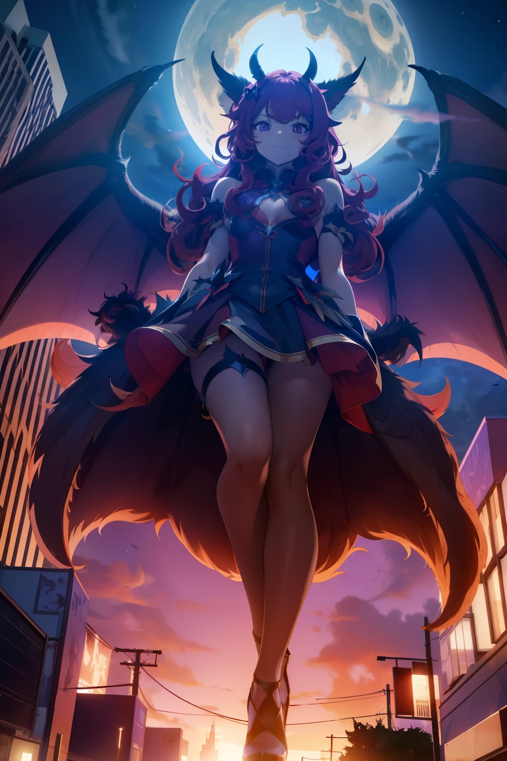 giant girl 50,00000 feet high, Possessing a pair of huge demon wings,And has six huge fox tails,Have waist-length hair,hair scattered,Wearing a pair of 12CM red high heels,Purple curly hair,A look of enjoyment,night,Standing upright in a small city,side angle