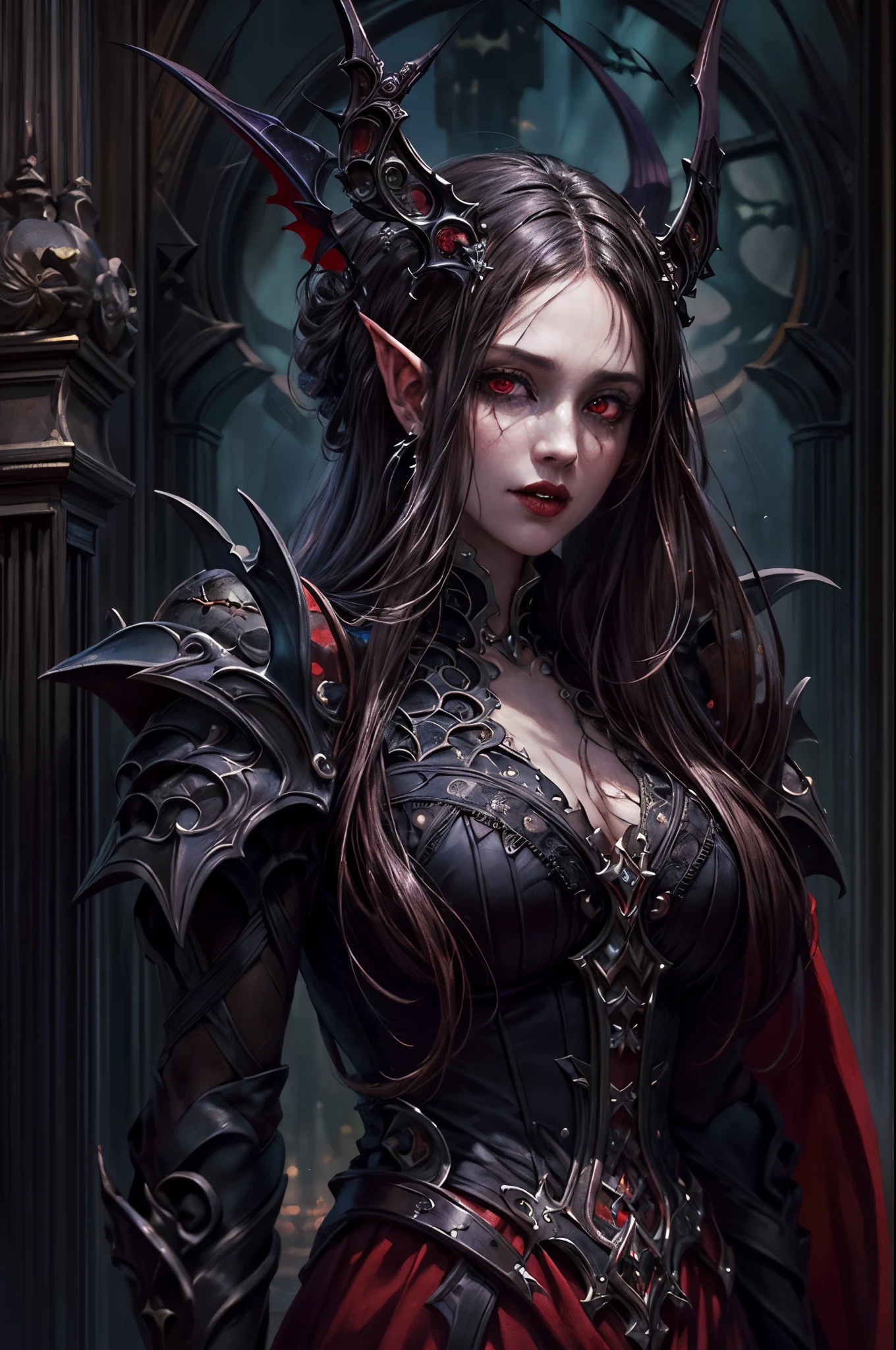 arafed, dark fantasy art, gothic art, (masterpiece:1.5), full body best details, highly detailed, best quality, highres, full body portrait of a vampire, elf (1.6, Masterpiece, best quality), ultra feminine (1.4 intricate details, Masterpiece, best quality) with a long curvy hair, dark color hair, red eyes (1.3 fantasy art, Masterpiece, best quality), ((beautiful delicate face)), Ultra Detailed Face (1.4 intricate details, fantasy art, Masterpiece, best quality), [visible sharp vampiric fangs] (1.6 intricate details, fantasy art, Masterpiece, best quality), [anatomically correct] red cloak, flowing cloak (1.4 intricate details, fantasy art, Masterpiece, best quality), wearing an intricate leather [white] dress (1.4 intricate details, gothic art, Masterpiece, best quality), high heeled boots, blood dripping on lipackground (intense details, beat detailantasy, at night light, natural ,moon light, soft moon light, moon rays, clouds, gothic atmosphere, gothic street background, bats flying in background, soft light, dynamic light, [[anatomically correct]], high details, best quality, 8k, [ultra detailed], masterpiece, best quality, (extremely detailed), dynamic angle, ultra wide shot, RAW, photorealistic, zrpgstyle